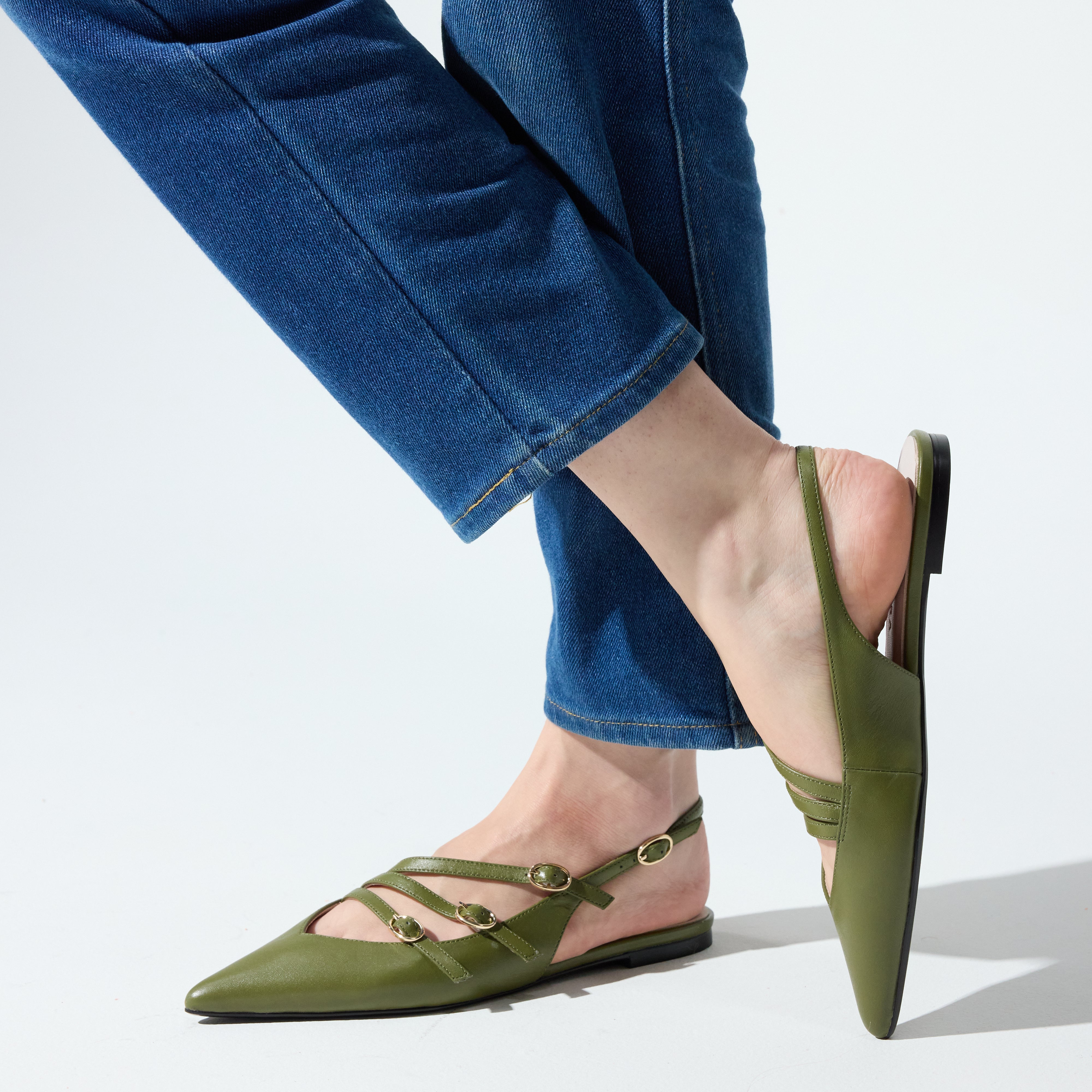 Ava Slingback Flat in Olive Leather