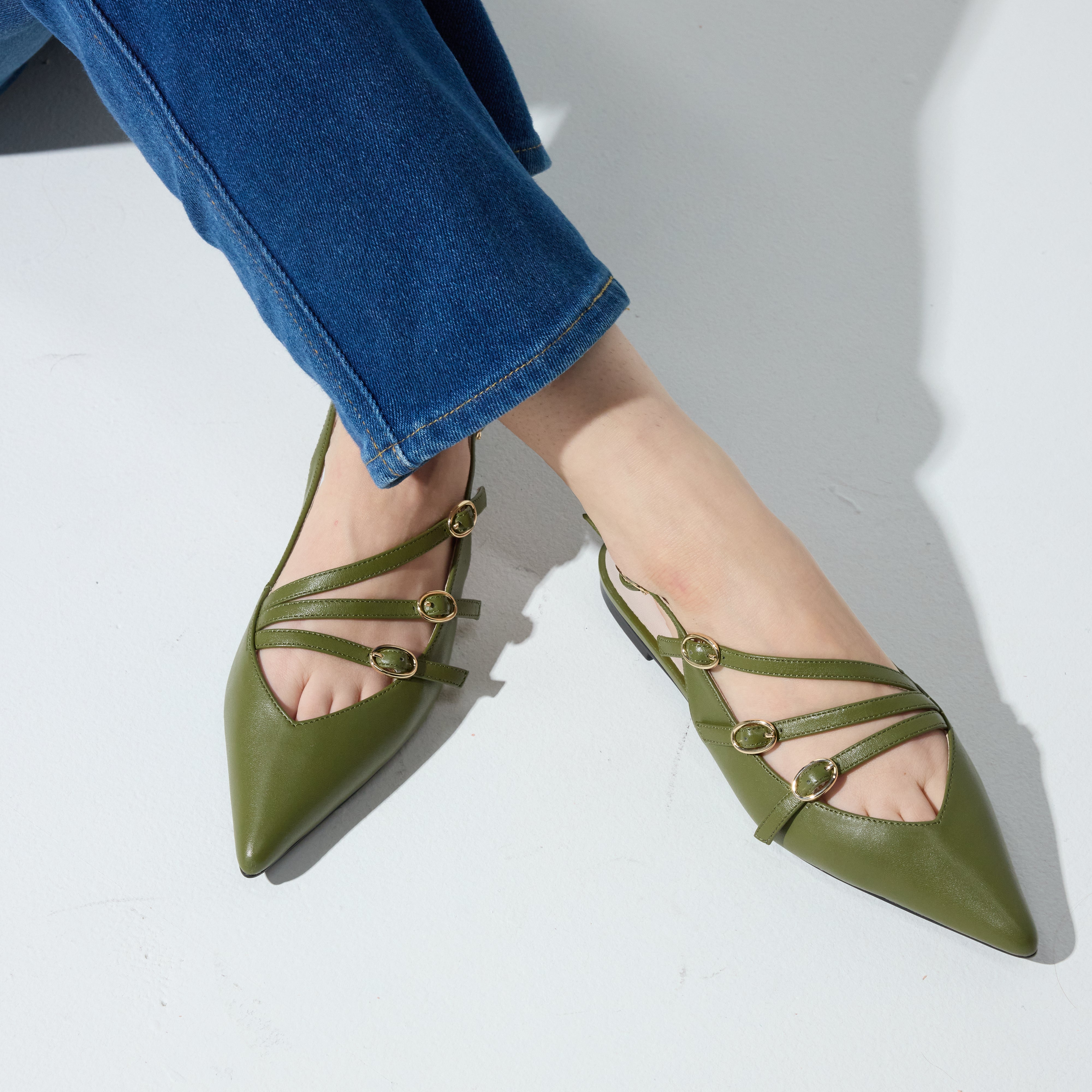 Ava Slingback Flat in Olive Leather