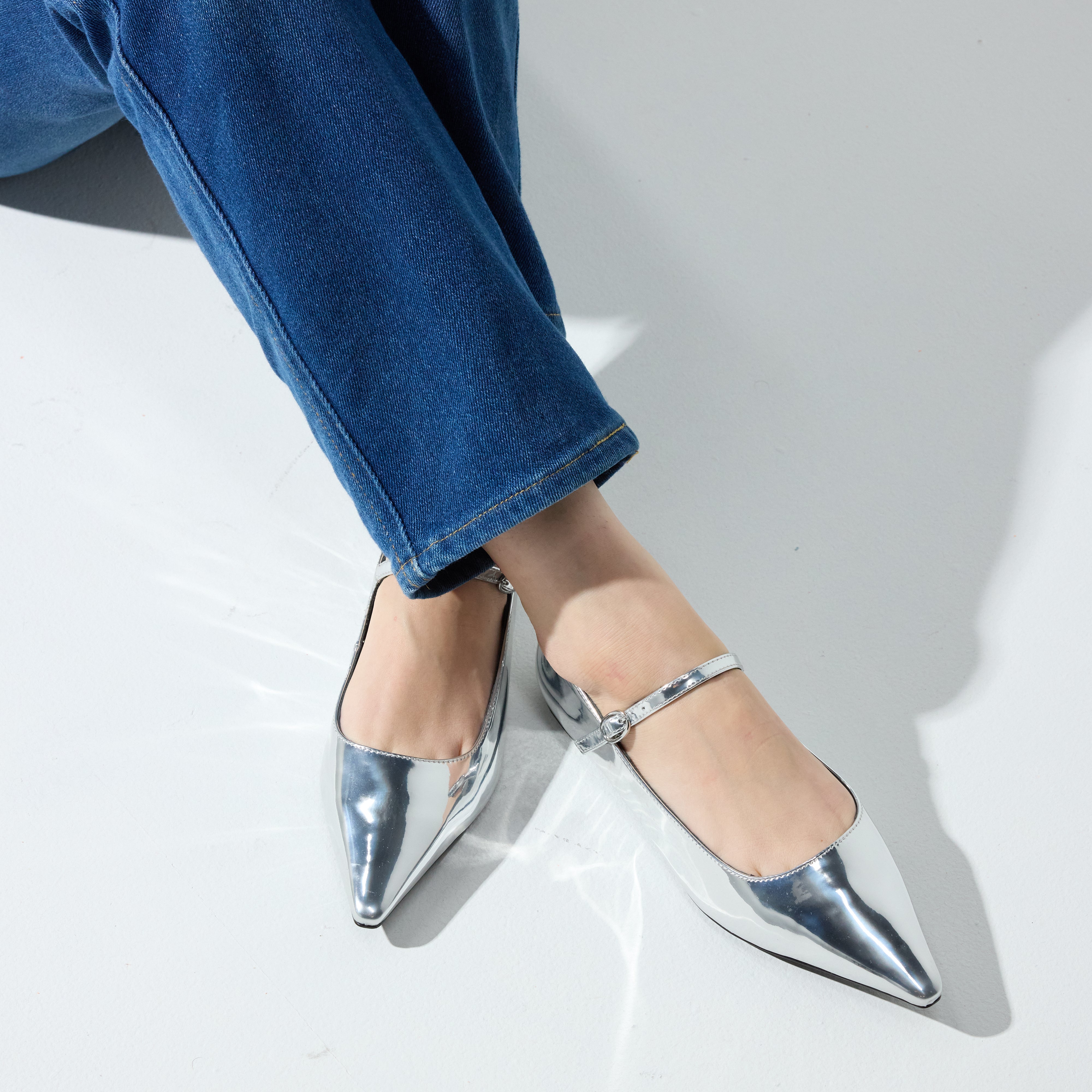 Camille Flat in Silver Mirror Leather