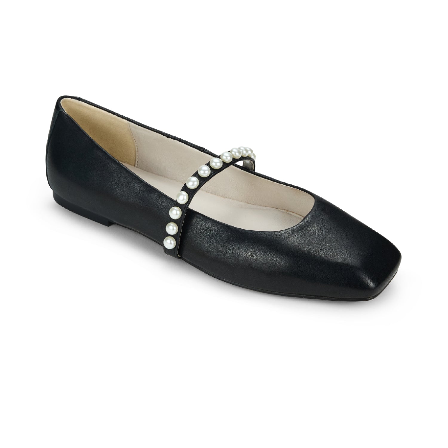 Cara Pearl Flat in Black Leather