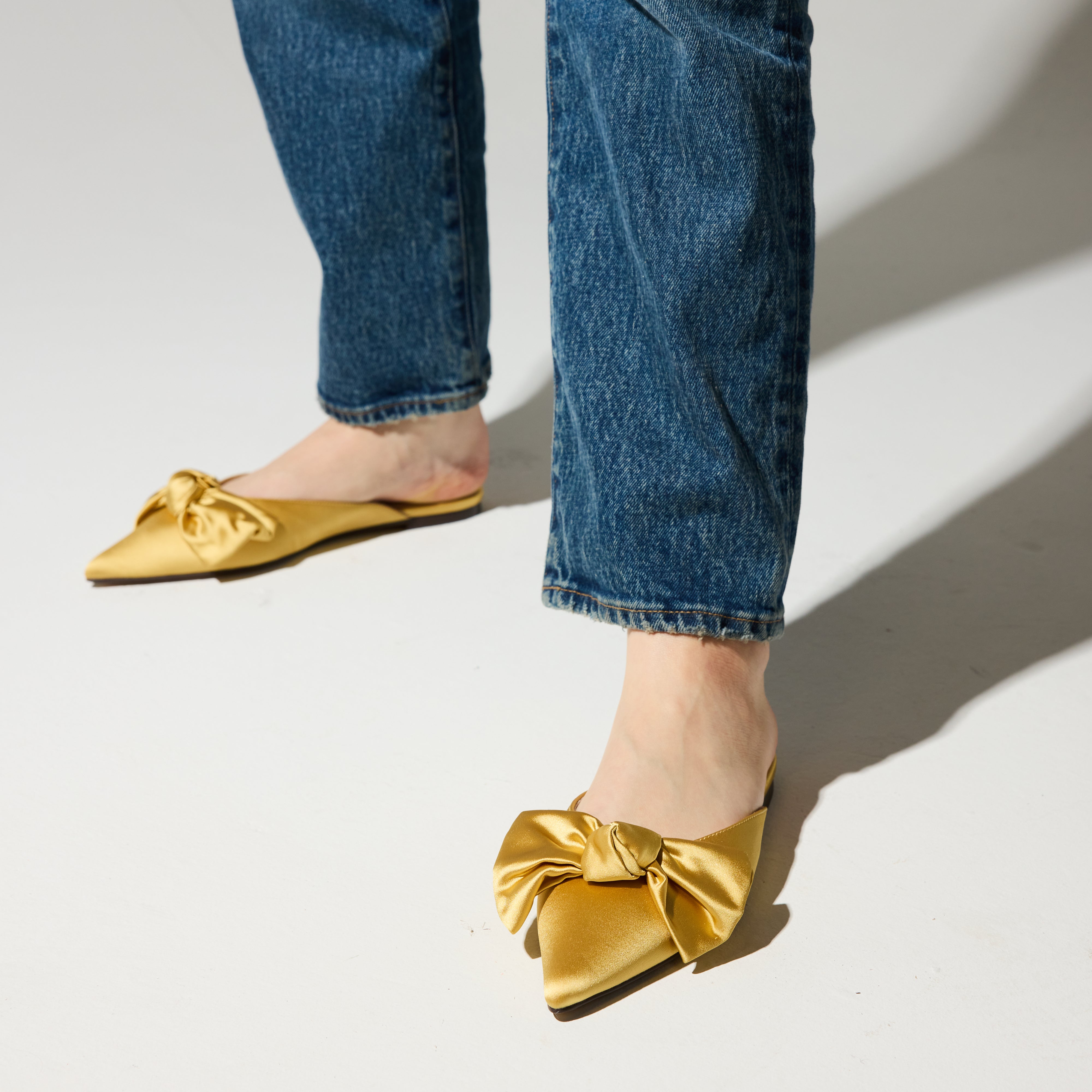 Yosi Samra Clara Bow Slide in Gold Satin