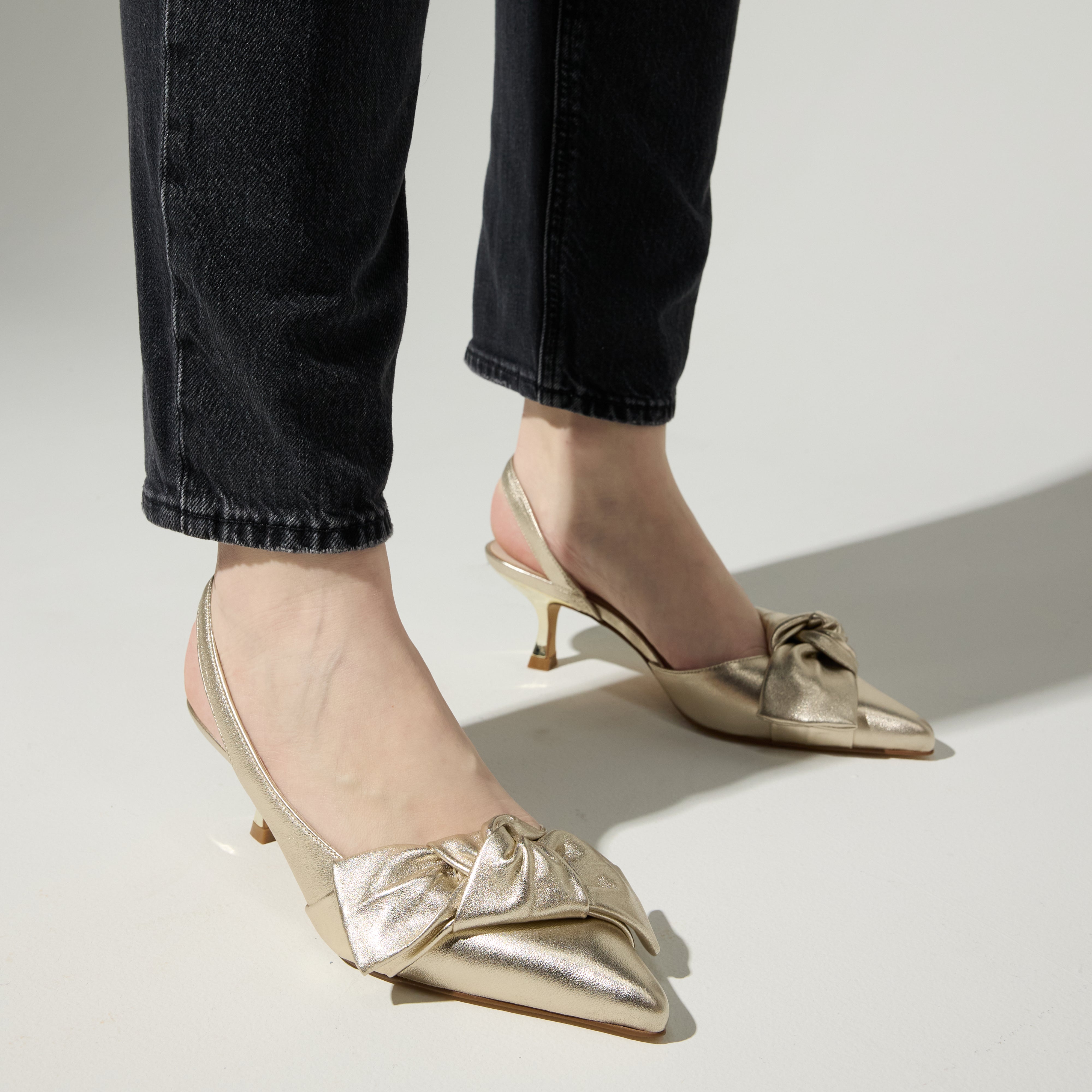 Kaleigh Bow Heel in Gold Leather