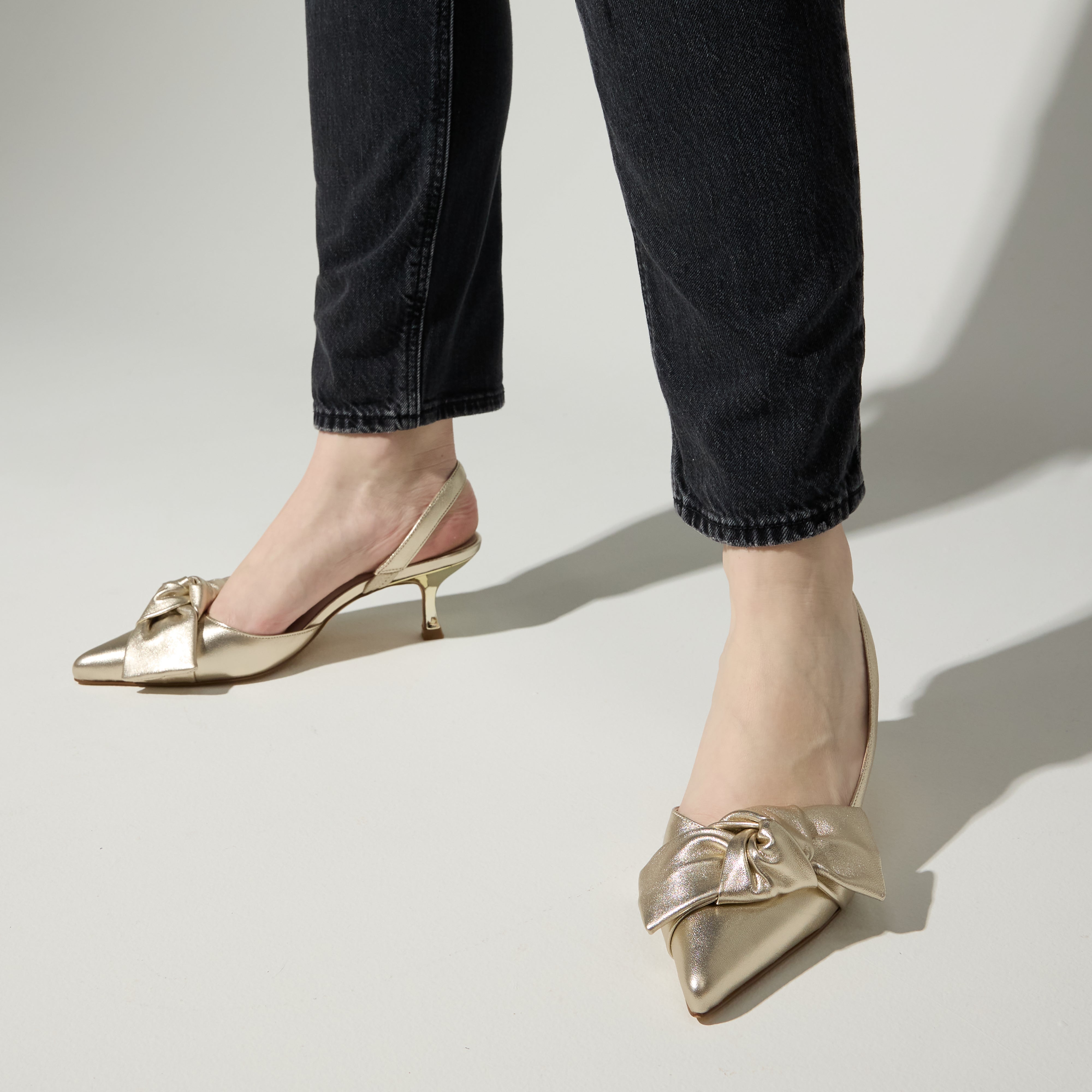 Kaleigh Bow Heel in Gold Leather