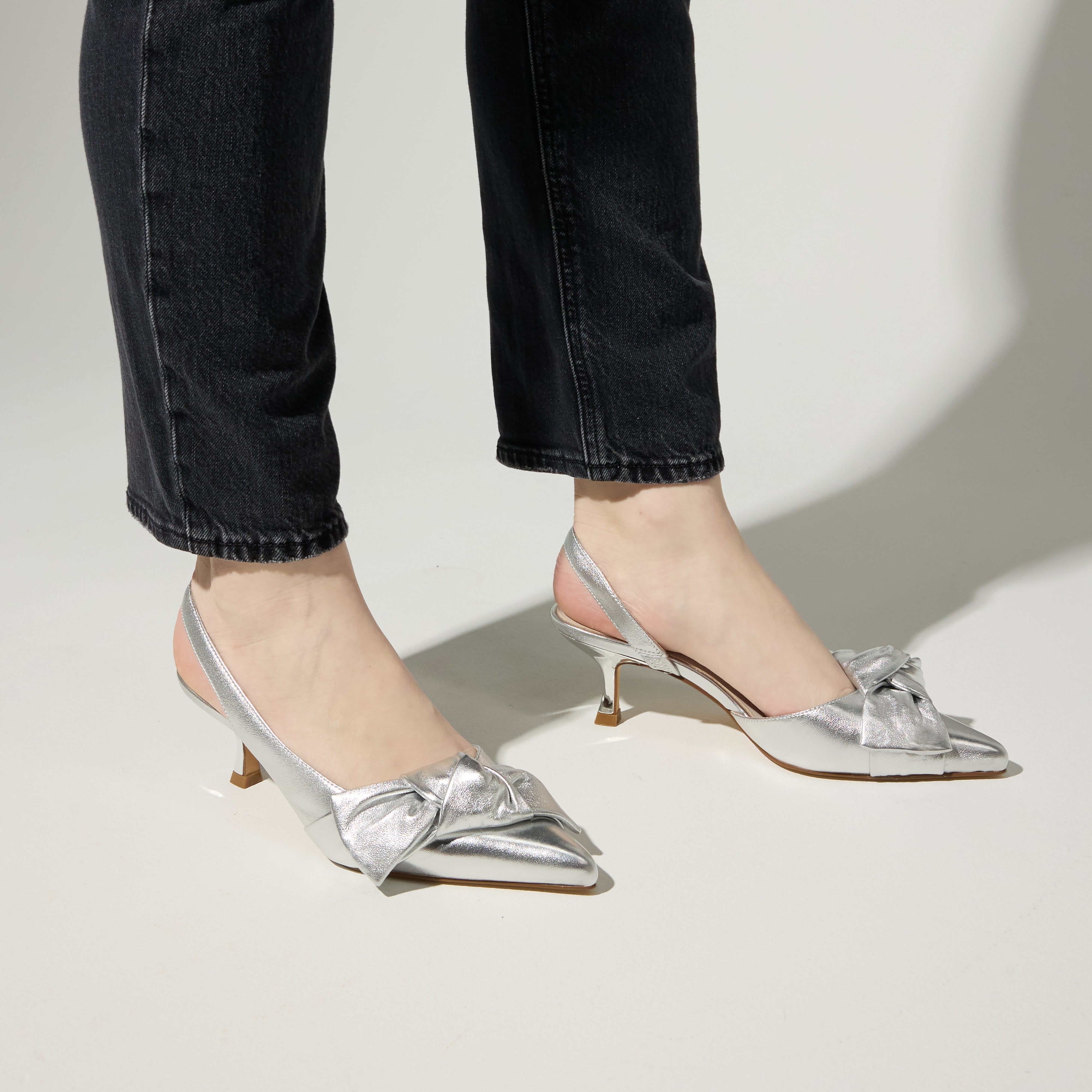 Kaleigh Bow Heel in Silver Leather - Yosi Samra - Women's Heels