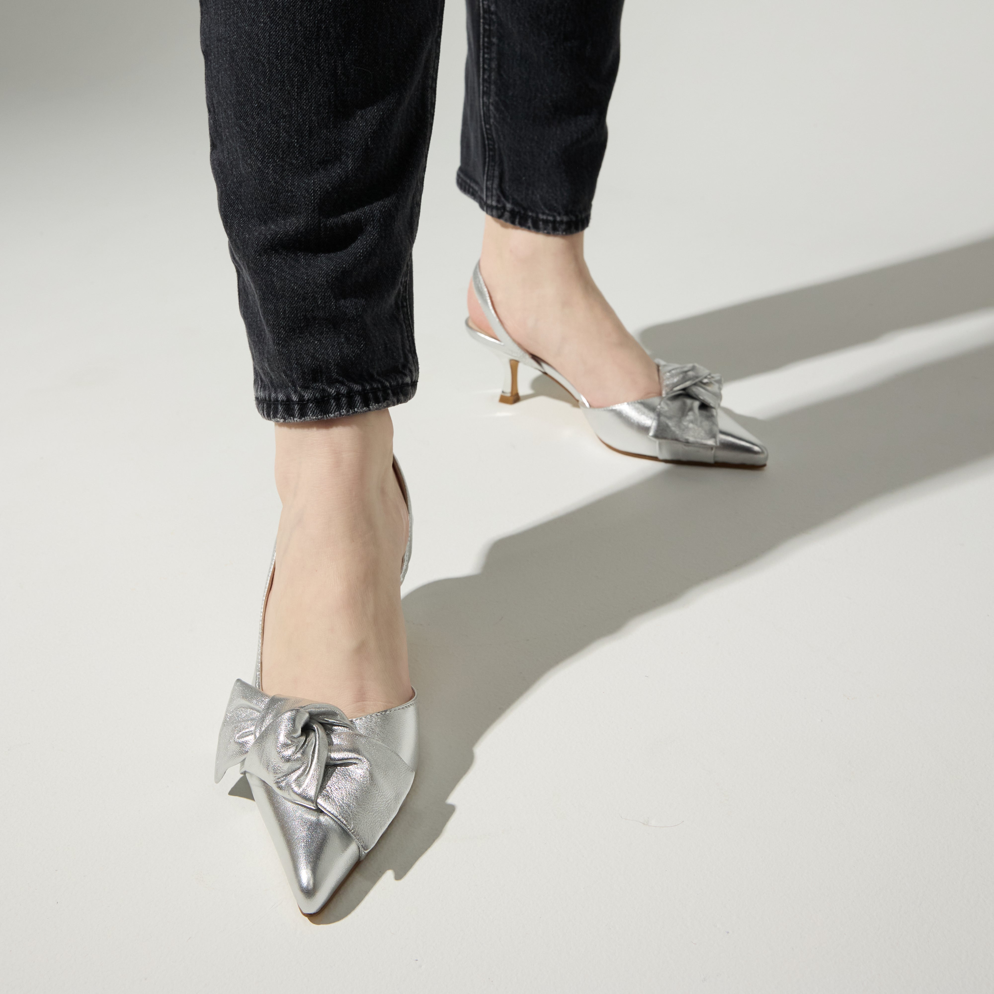 Kaleigh Bow Heel in Silver Leather - Yosi Samra - Women's Heels
