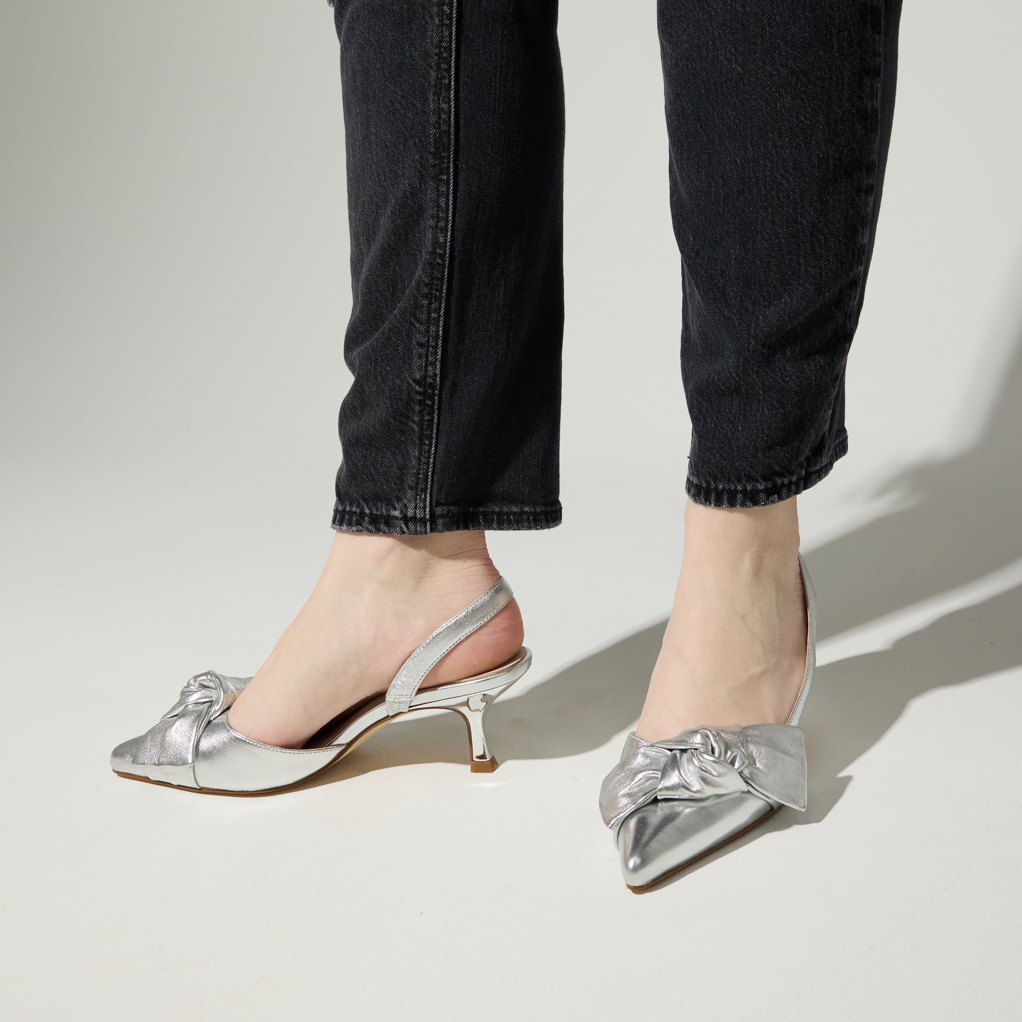 Kaleigh Bow Heel in Silver Leather - Yosi Samra - Women's Heels