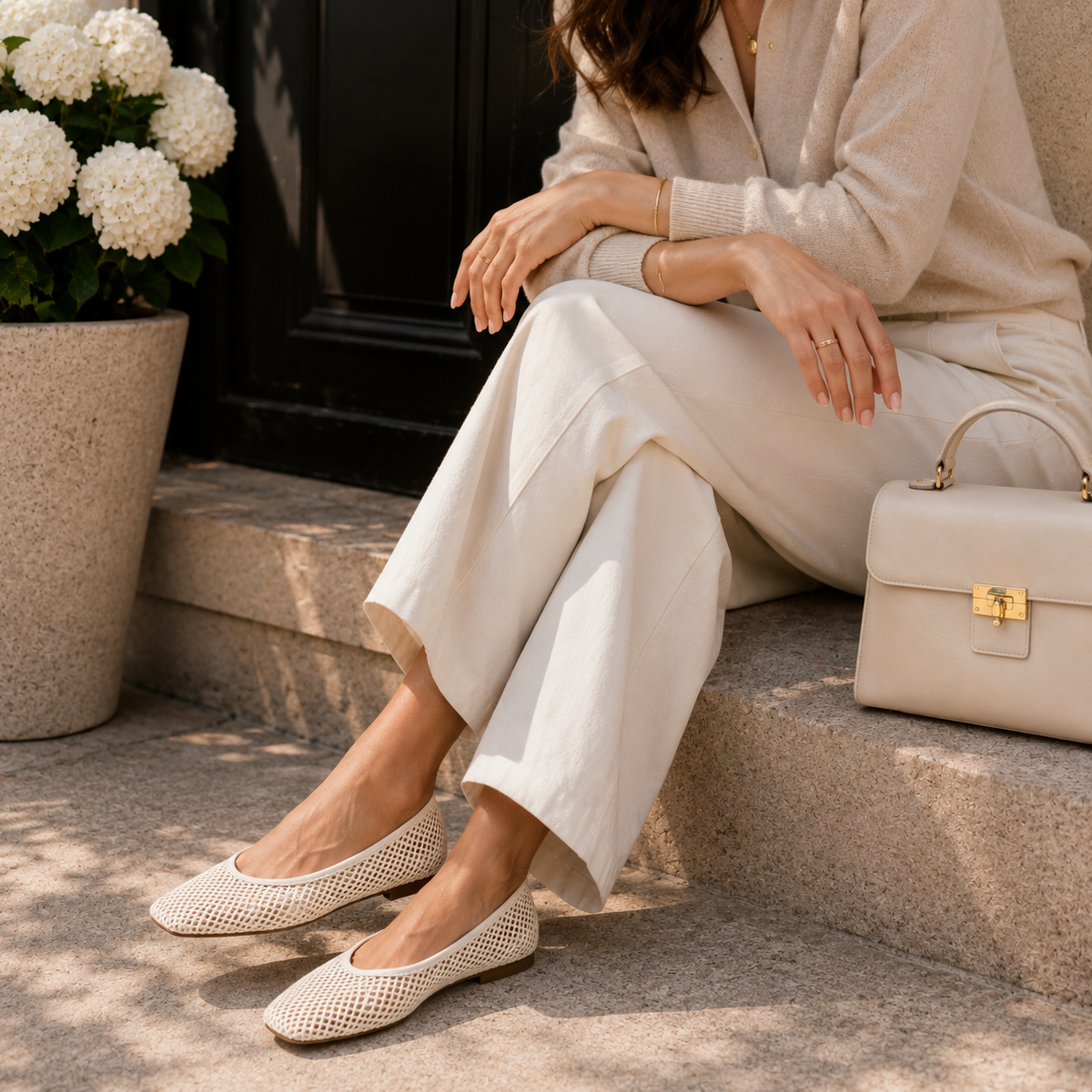 Piper Ballet Flat in Cream Crochet