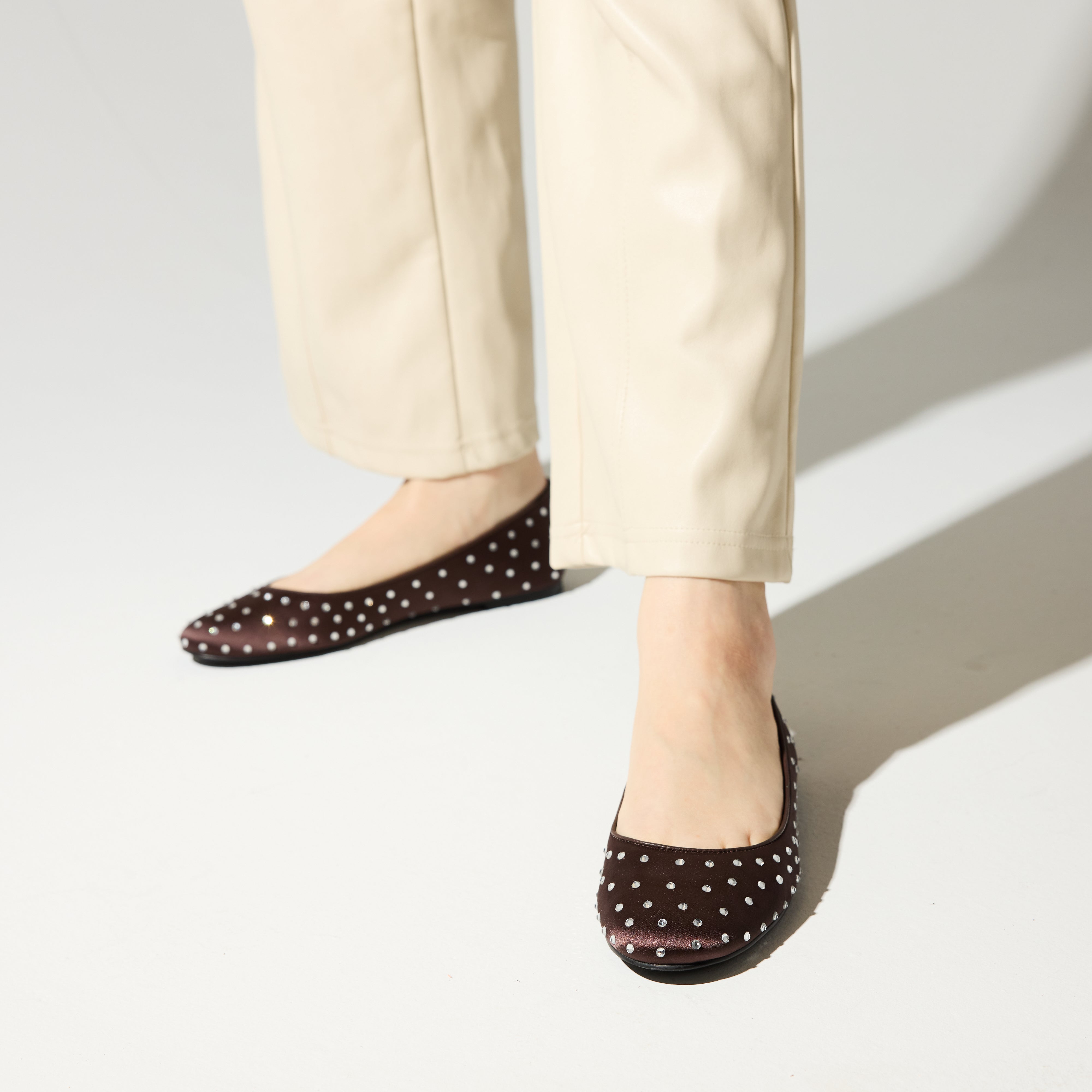 Yosi Samra Sadie Lux in Chocolate Satin Women's Shoe on foot