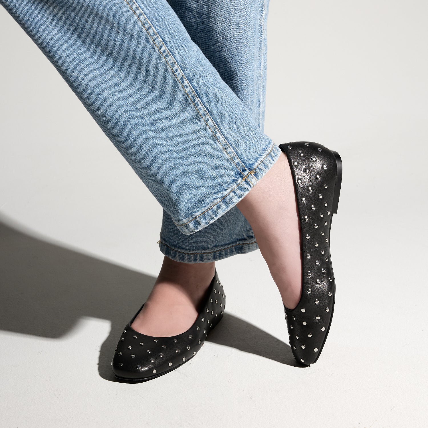 Sage Studs Ballet Flat in Black Leather