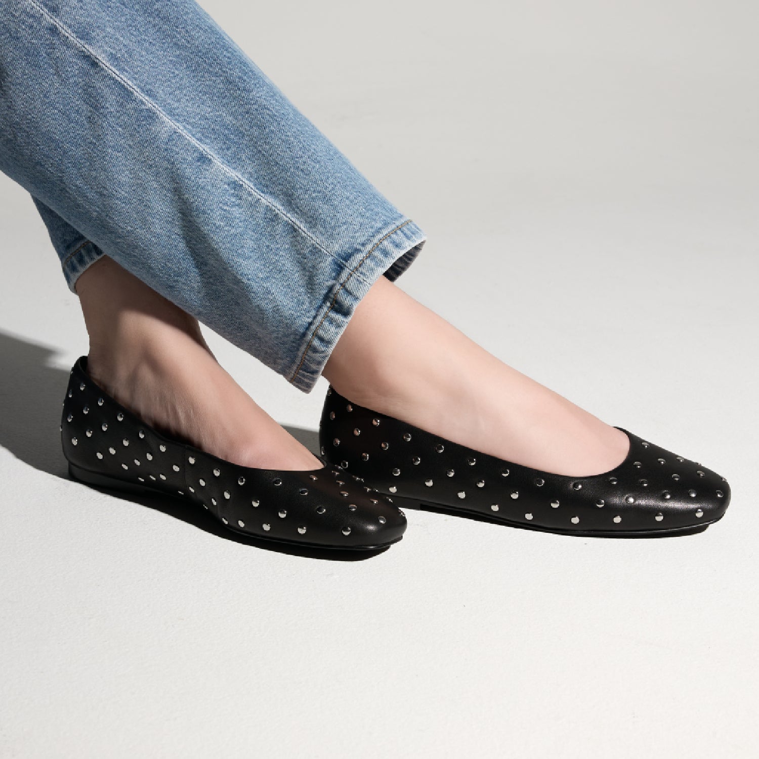 Sage Studs Ballet Flat in Black Leather