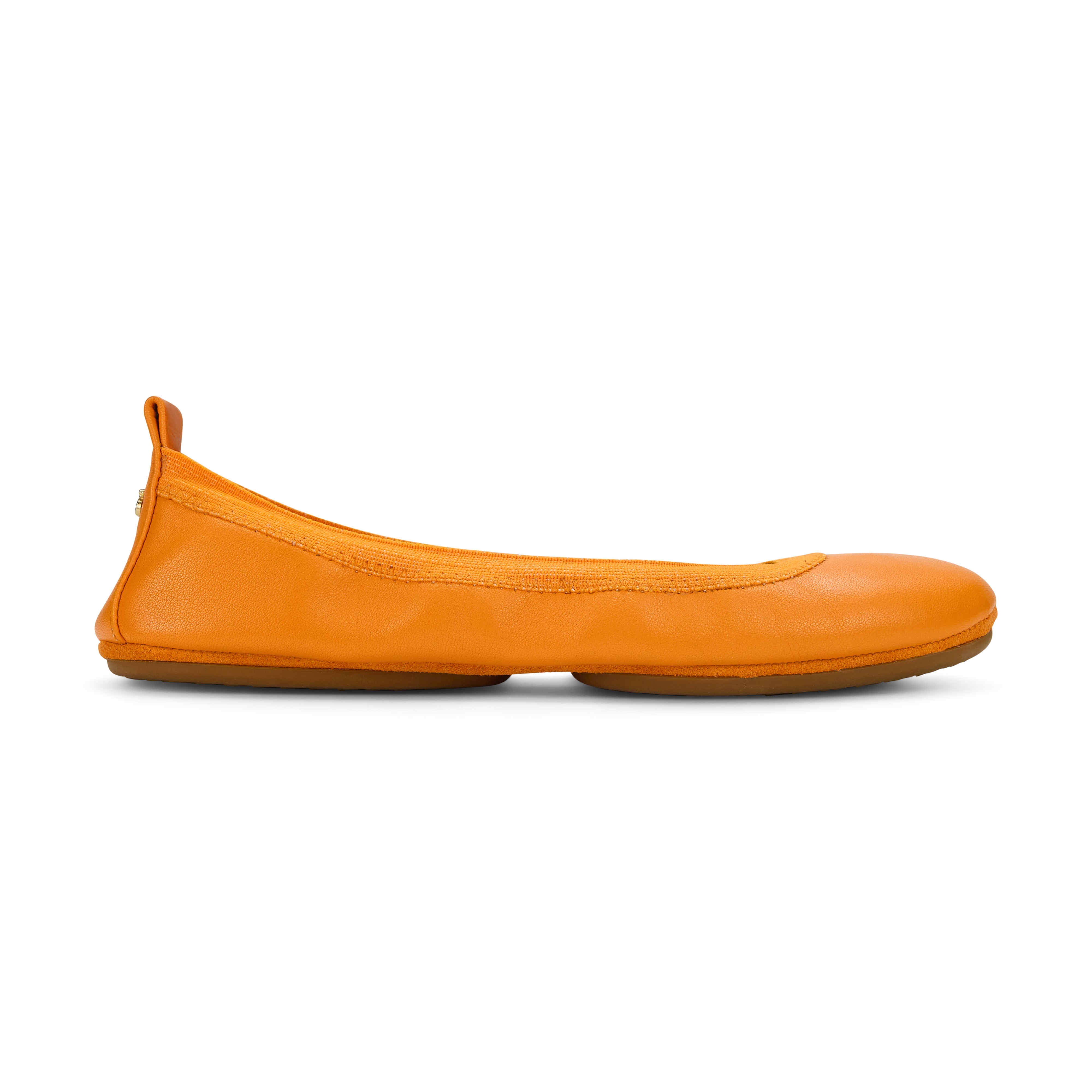 A single orange leather ballet flat with a folded-up sole, designed for women's wear.