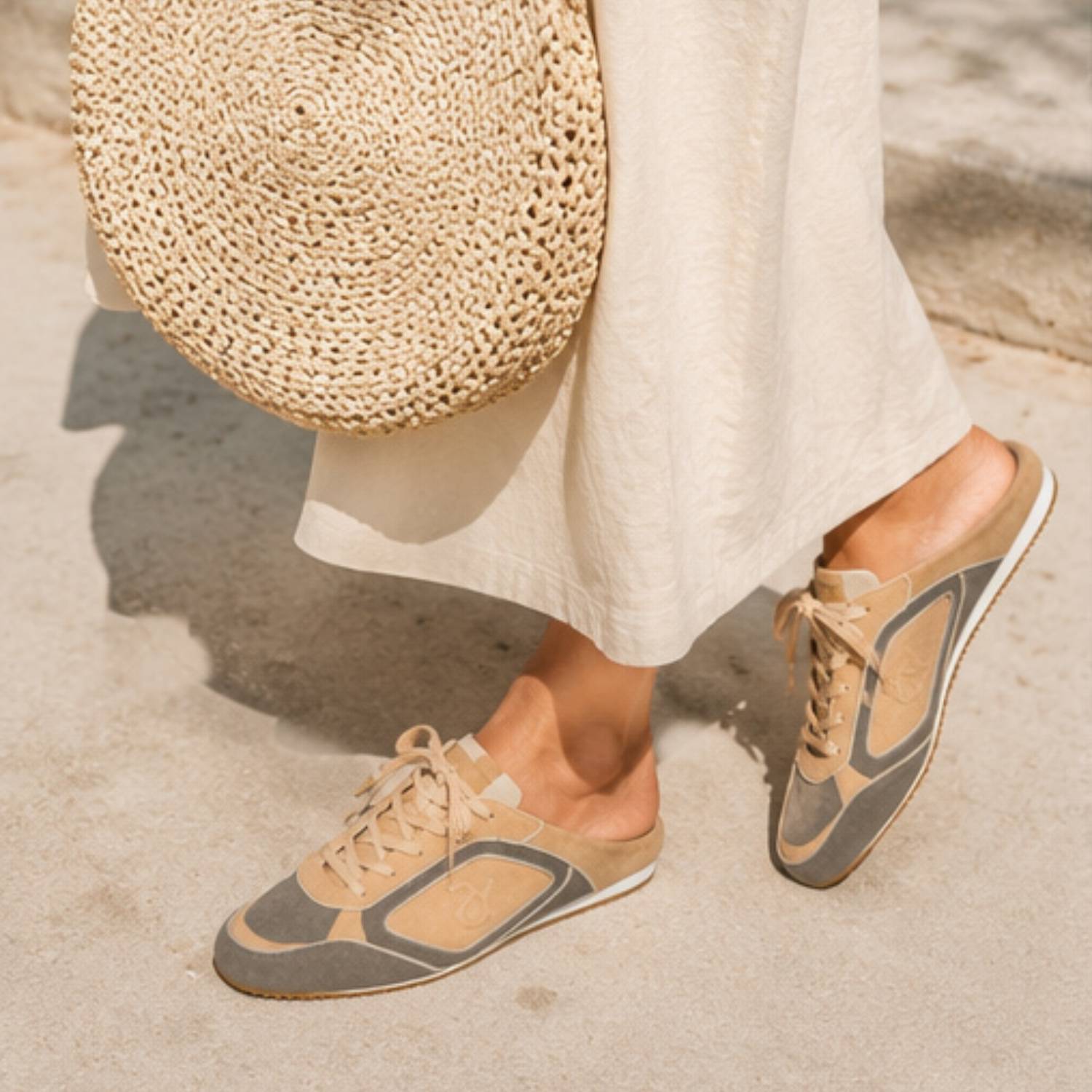 Uptown Slide Sneaker in Taupe/Cream/Nude Suede
