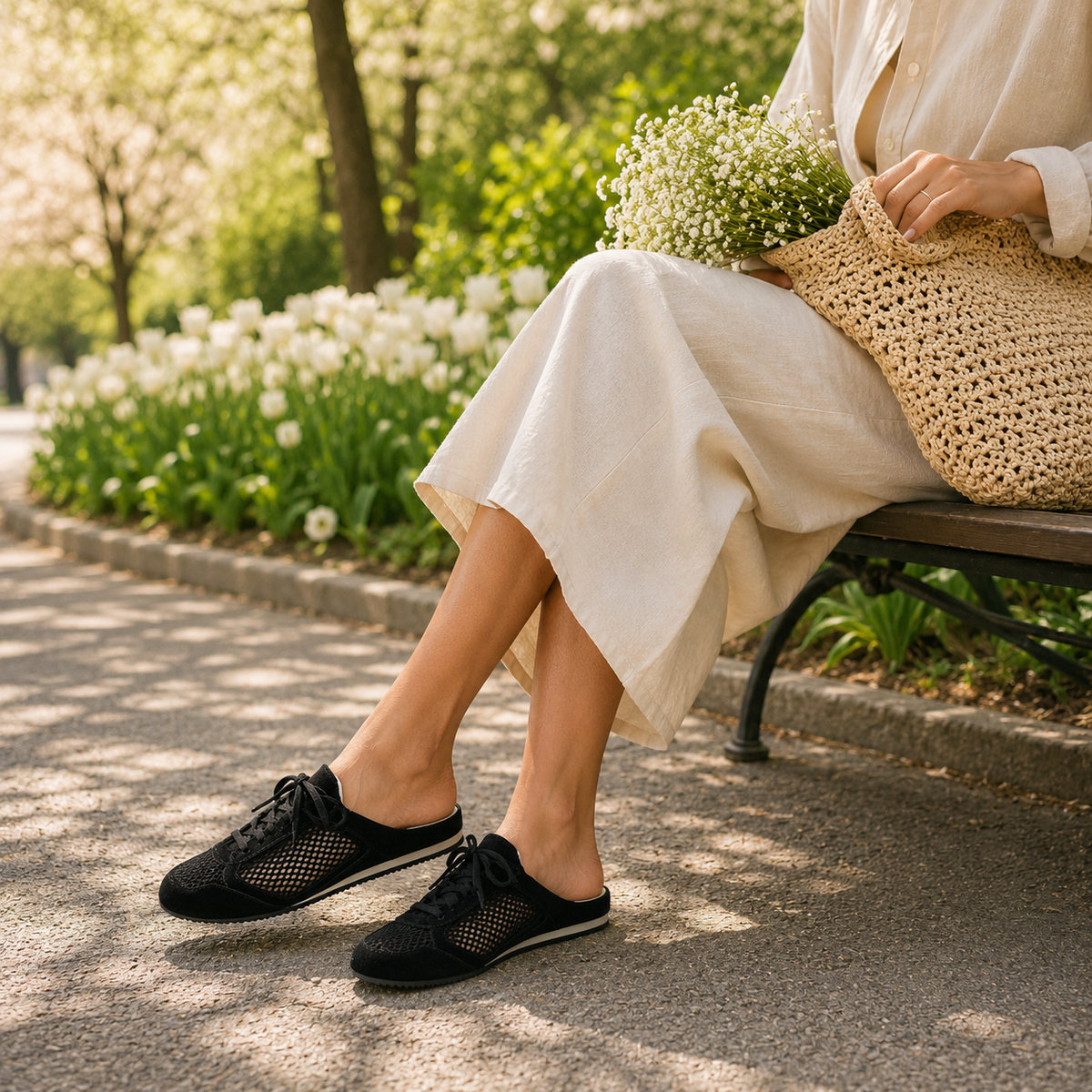 Uptown Slide Sneaker in Black Suede/Crochet