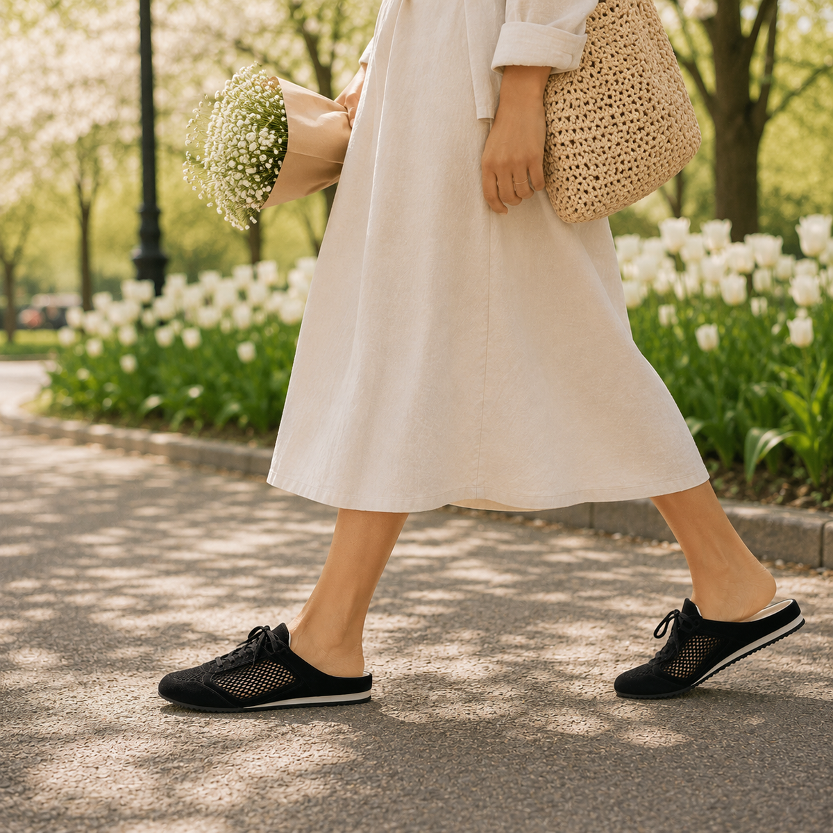 Uptown Slide Sneaker in Black Suede/Crochet