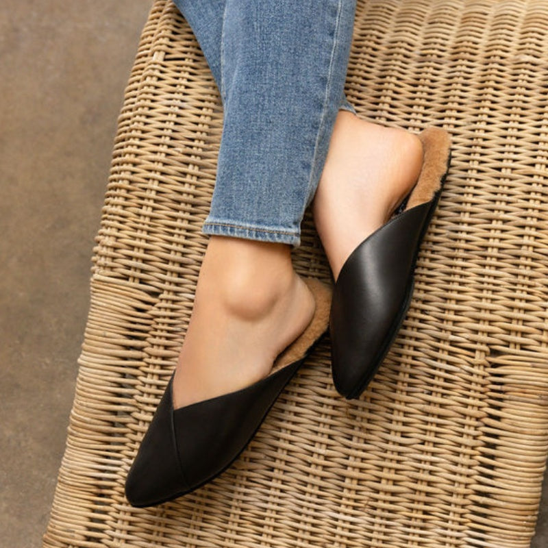 Valentina Slipper Mule in Black Leather - Yosi Samra - Women's Flats