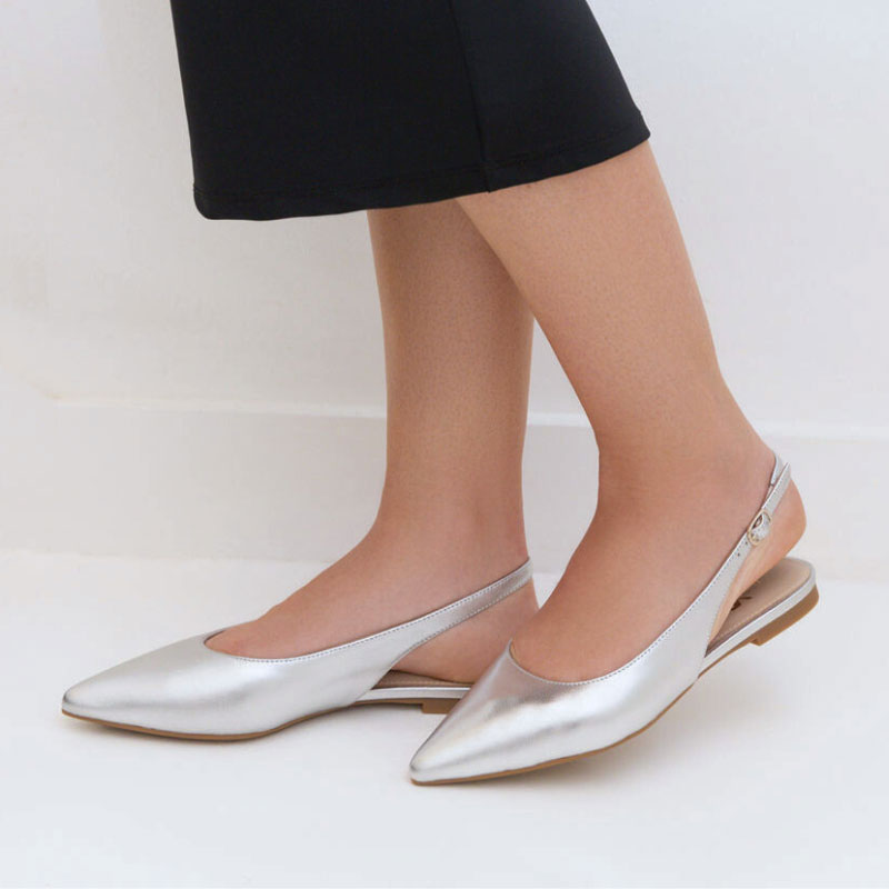 Vera Slingback Flat in Silver Leather - Yosi Samra - Women's Flats
