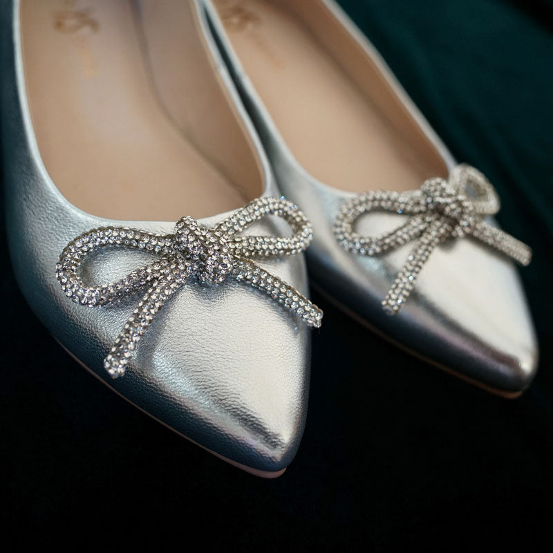 Vivienne Crystal Bow Flats in Silver Leather