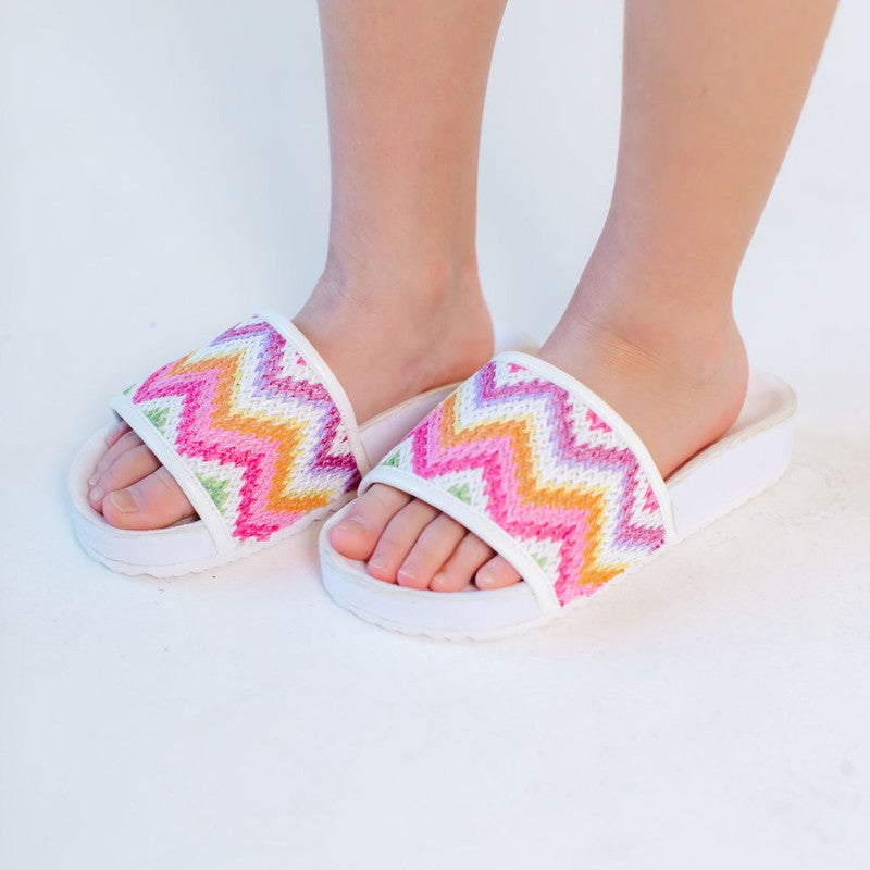 Miss Amber Slide in White Multi Zig Zag - Kids
