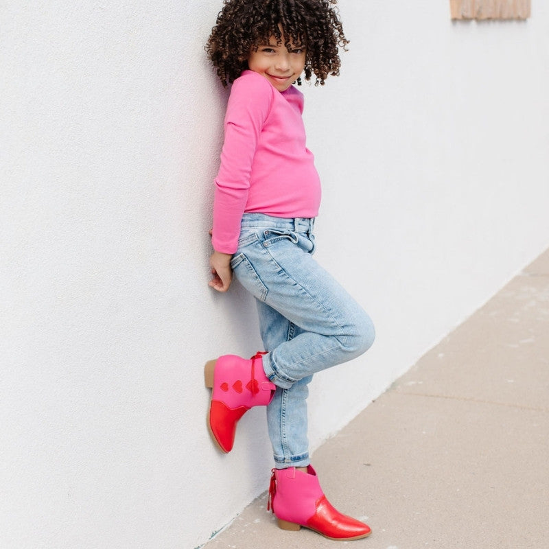 Miss Dallas Western Boot in Pink & Red Hearts - Kids