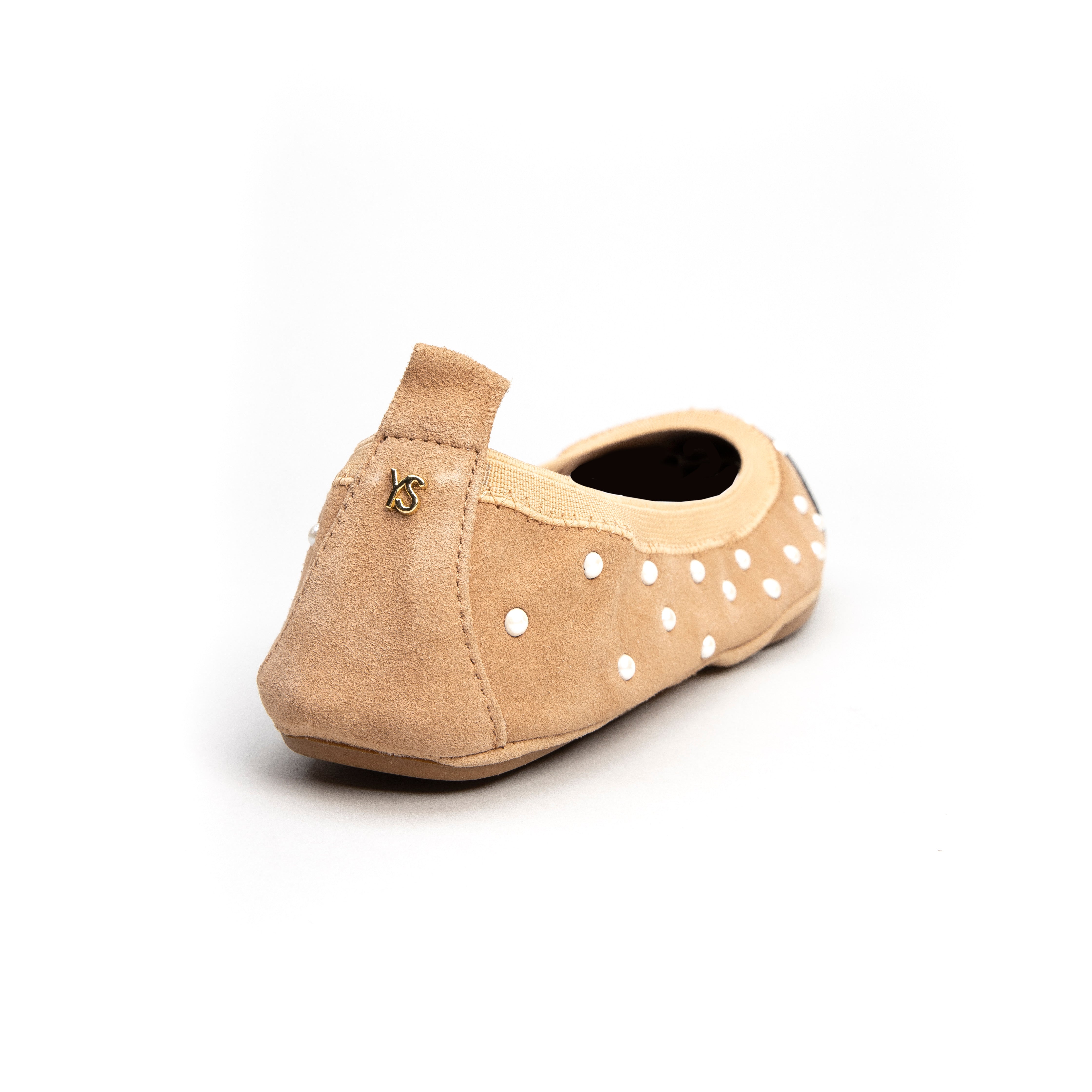 Samantha Camel Kid Suede and Patent Cap Toe Ballet Flat with Pearl Studs