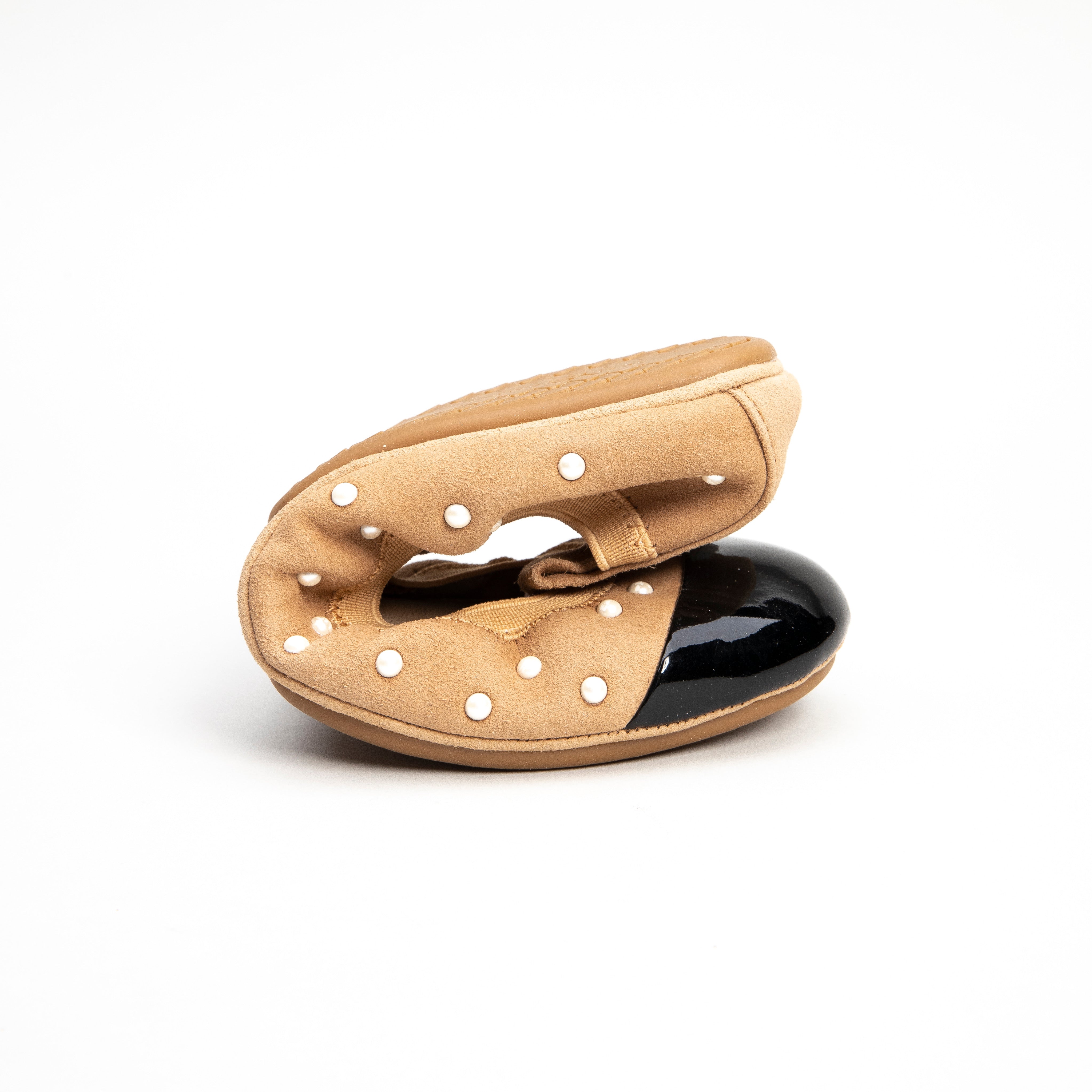 Samantha Camel Kid Suede and Patent Cap Toe Ballet Flat with Pearl Studs