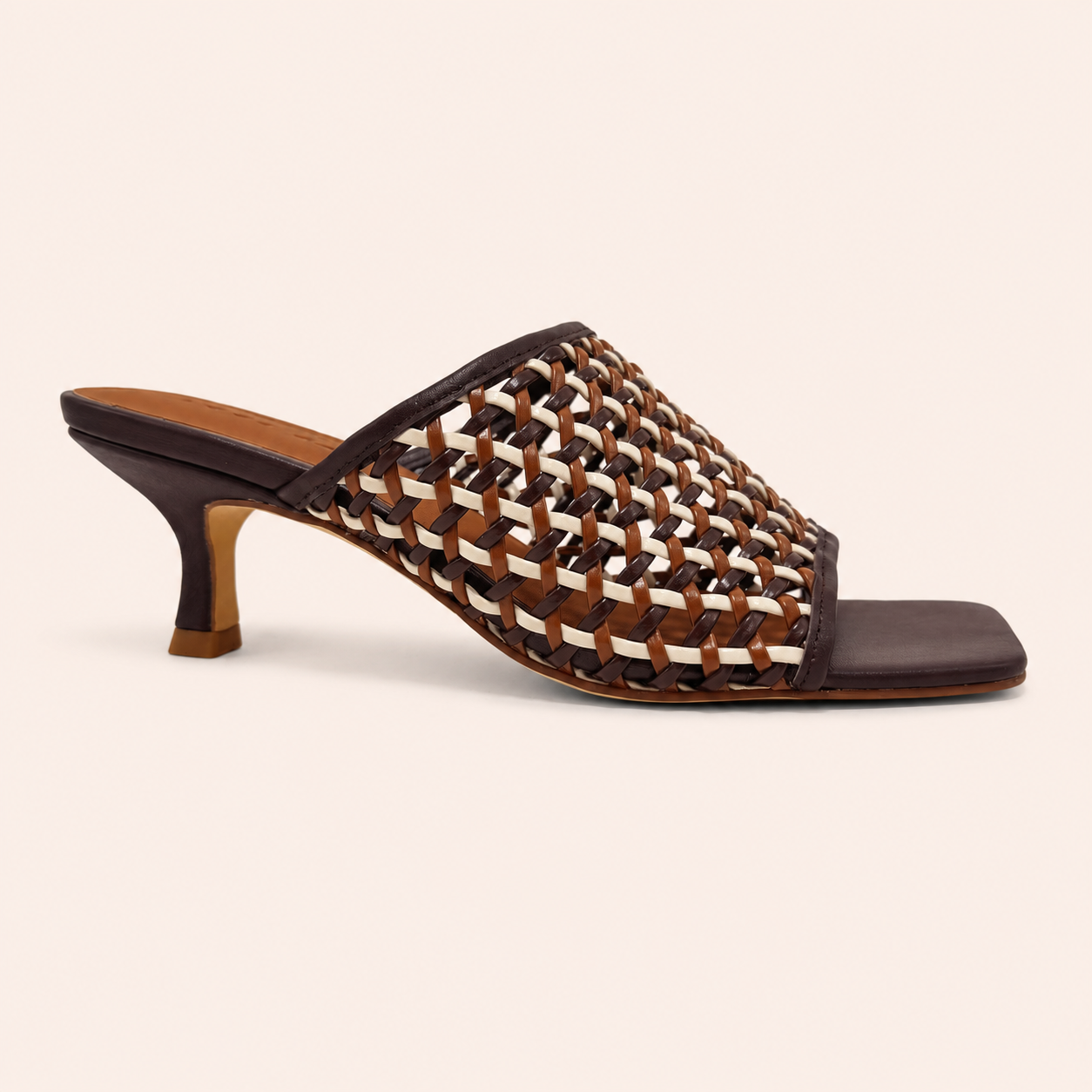 AMALFI HEEL IN WHISKEY/CHOCOLATE/NUDE WOVEN