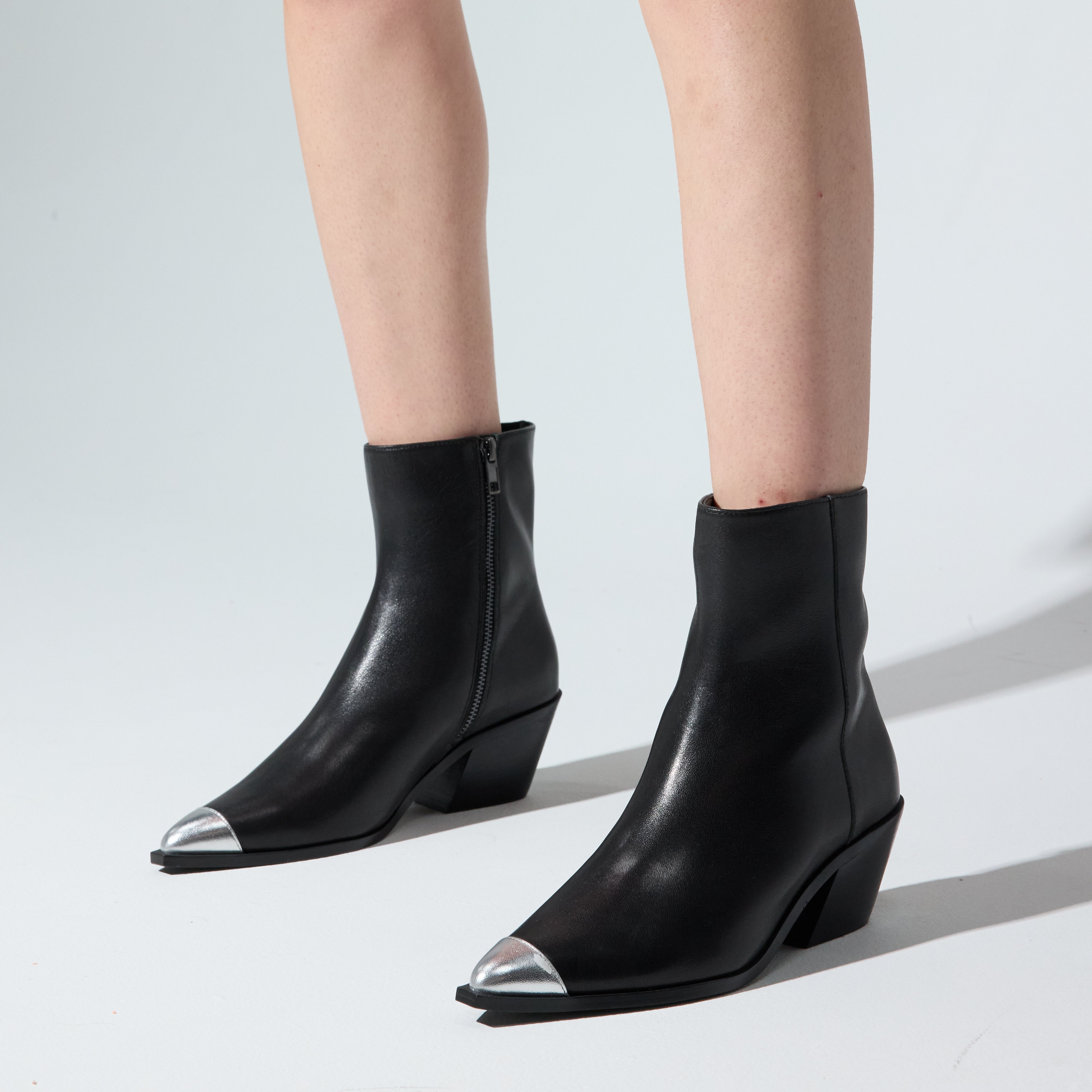 Ashton Ankle Boot in Black With Metal Tip Leather