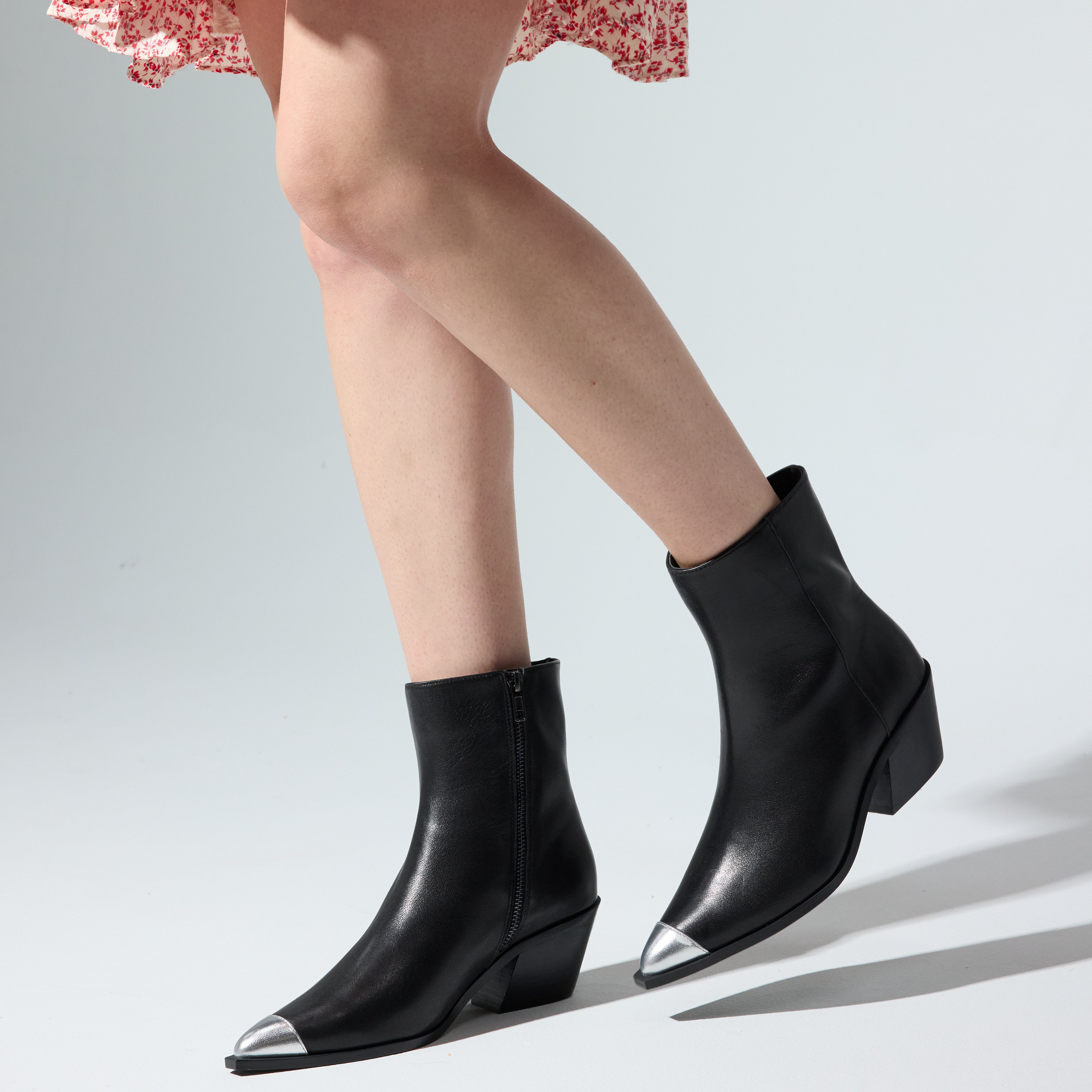 Ashton Ankle Boot in Black With Metal Tip Leather