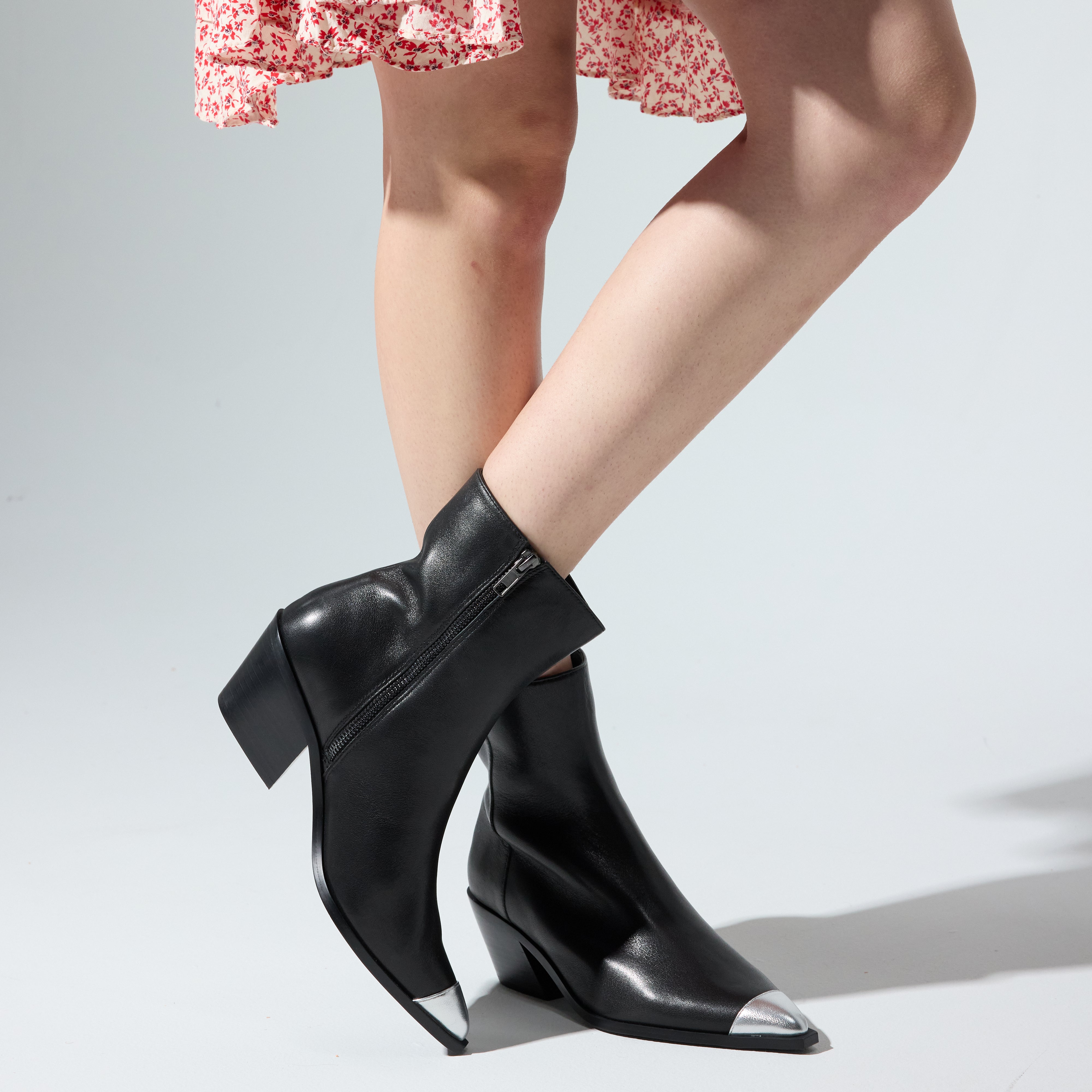 Ashton Ankle Boot in Black With Metal Tip Leather