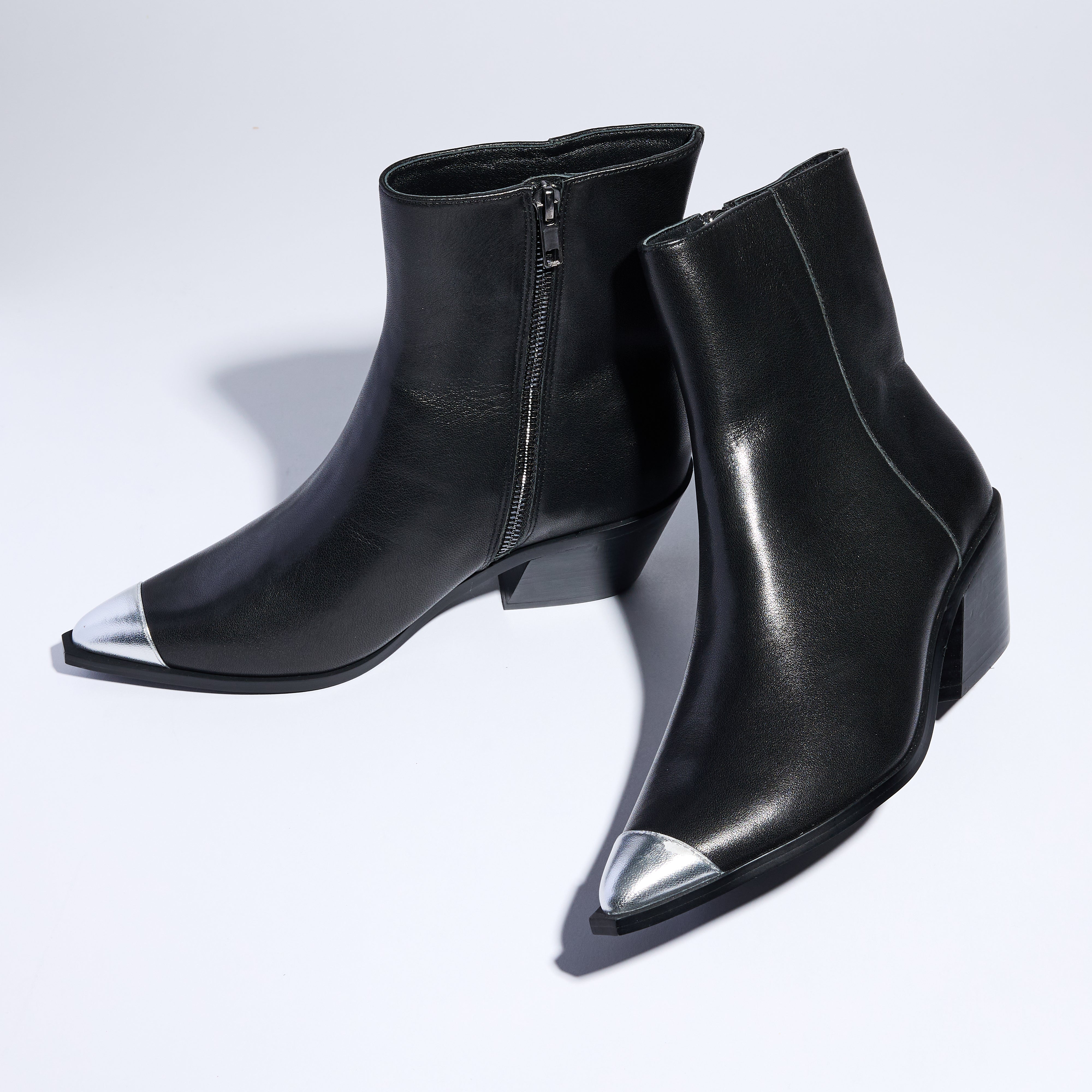 Ashton Ankle Boot in Black With Metal Tip Leather