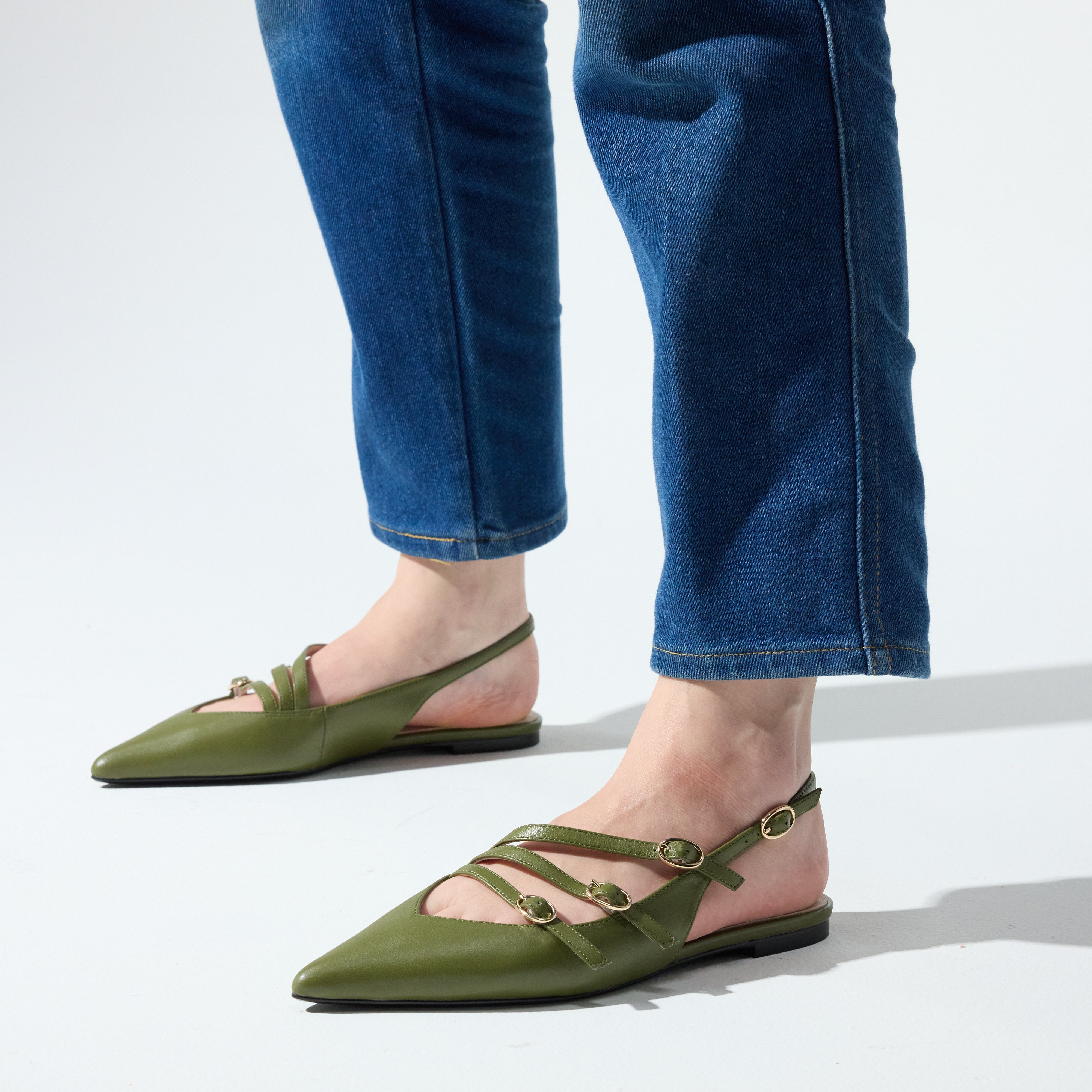 Ava Slingback Flat in Olive Leather