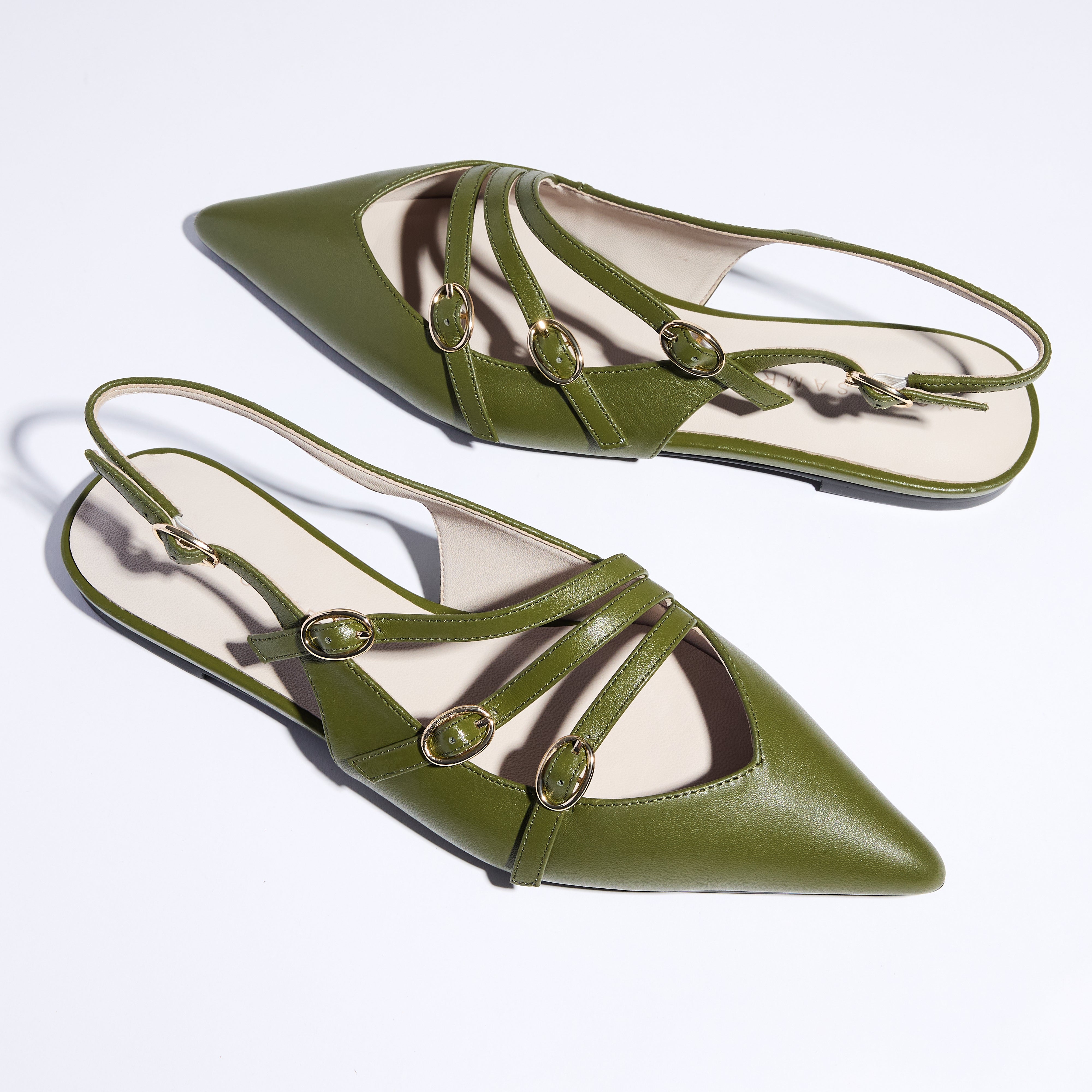 Ava Slingback Flat in Olive Leather