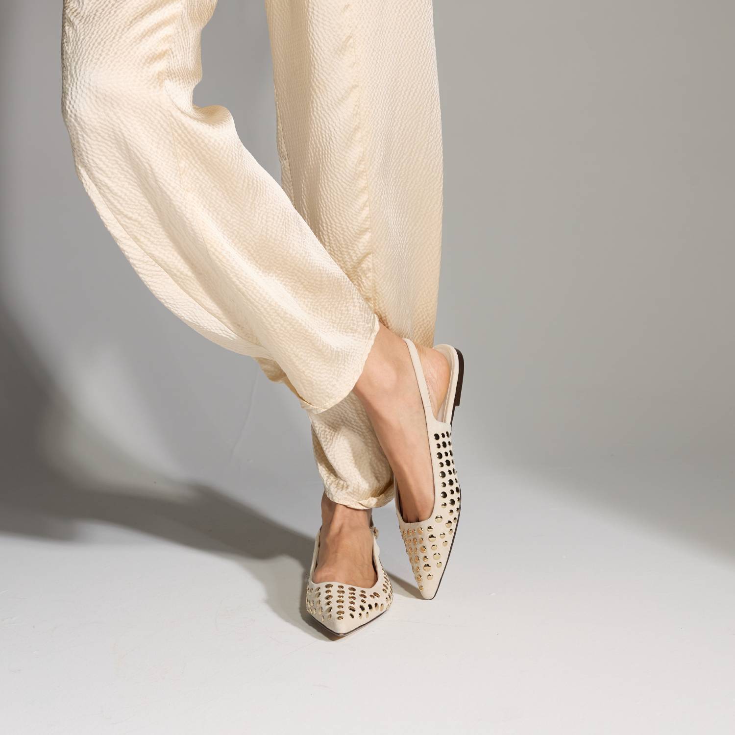 Bedford Flat in Bone Suede w/Gold Studs