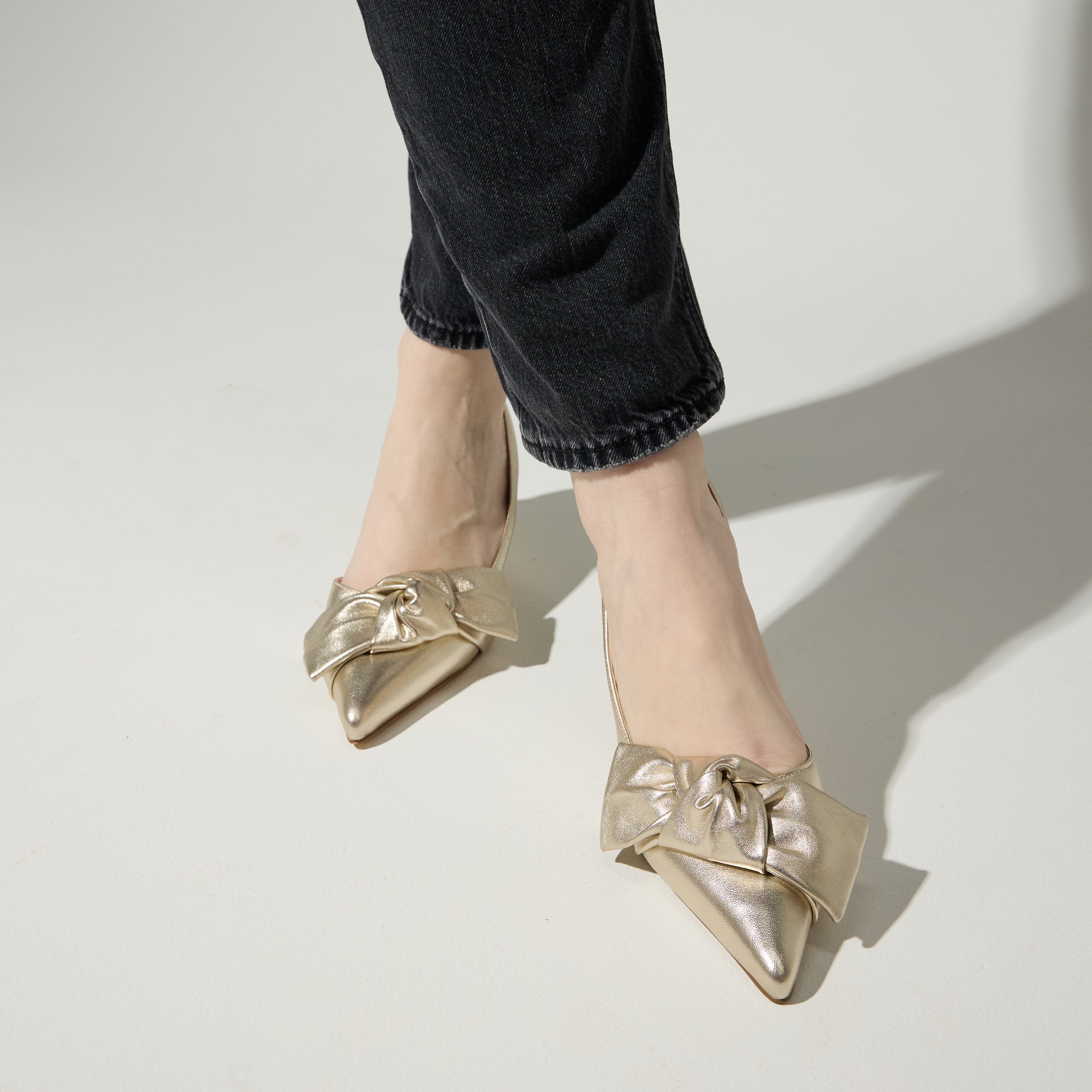 Kaleigh Bow Heel in Gold Leather - Yosi Samra  - Women's Heels