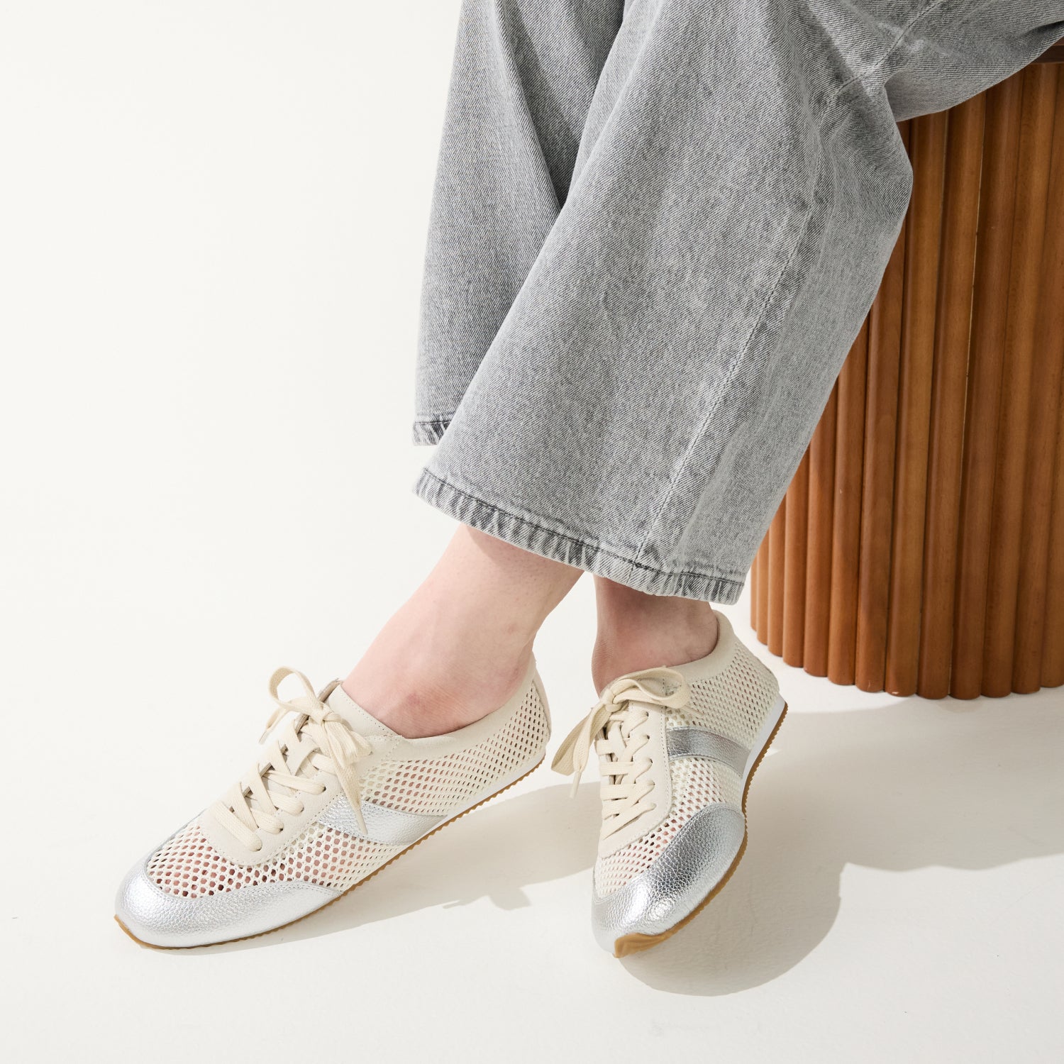 mesh dress sneakers Kiah in Cream Mesh/Silver Metallic Mesh Casual Sneaker CREAM/SILVER / 6
