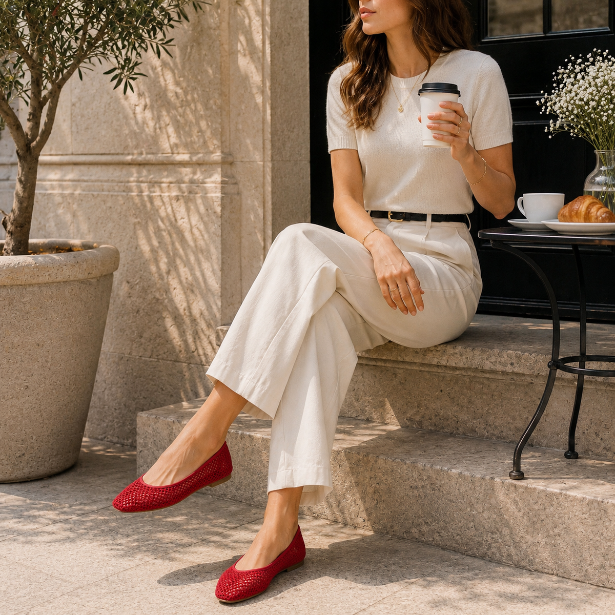 Piper Ballet Flat in Red Crochet