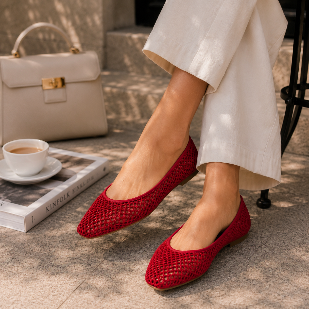 Piper Ballet Flat in Red Crochet