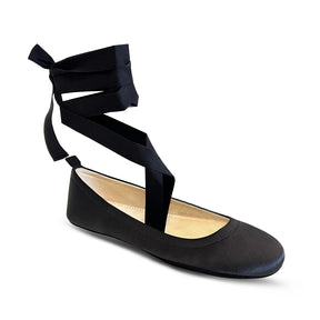 Simone Ankle Wrap Flats in Black Satin