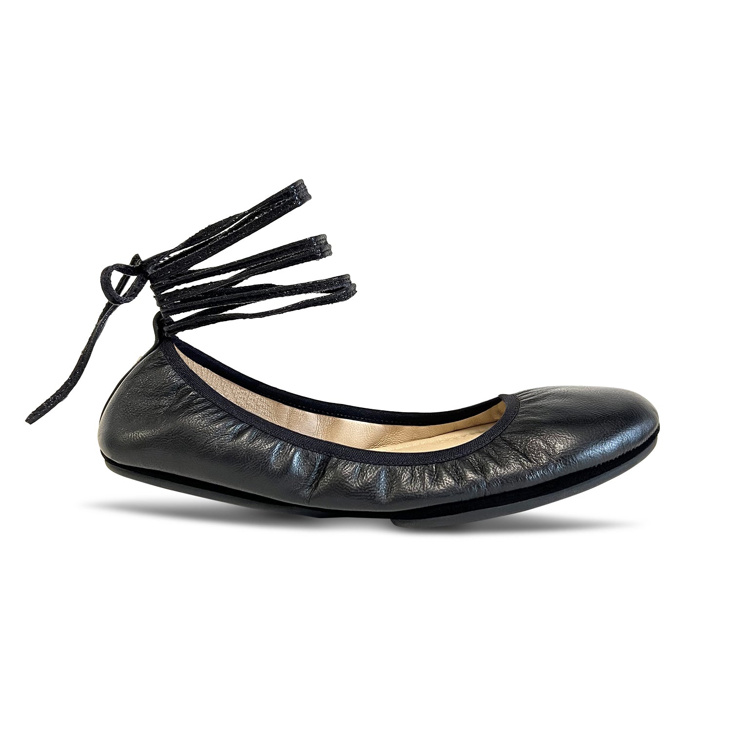 Sofia Ankle Wrap Flats in Black Leather