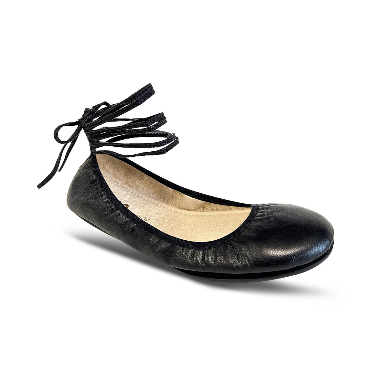 Sofia Ankle Wrap Flats in Black Leather