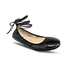 Sofia Ankle Wrap Flats in Black Leather