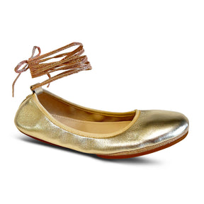 Sofia Ankle Wrap Flats in Gold Leather
