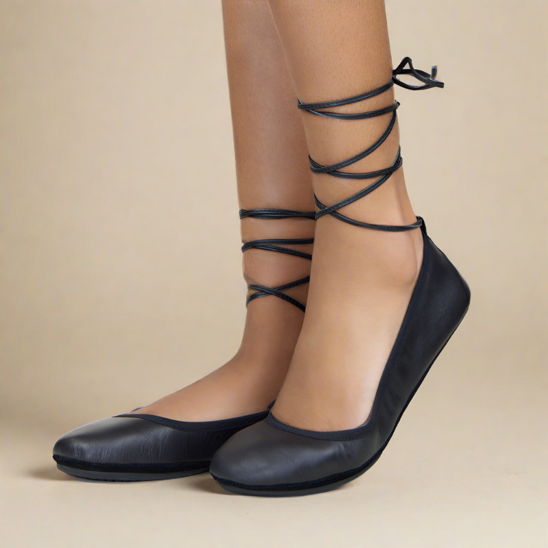 Sofia Ankle Wrap Flats in Black Leather