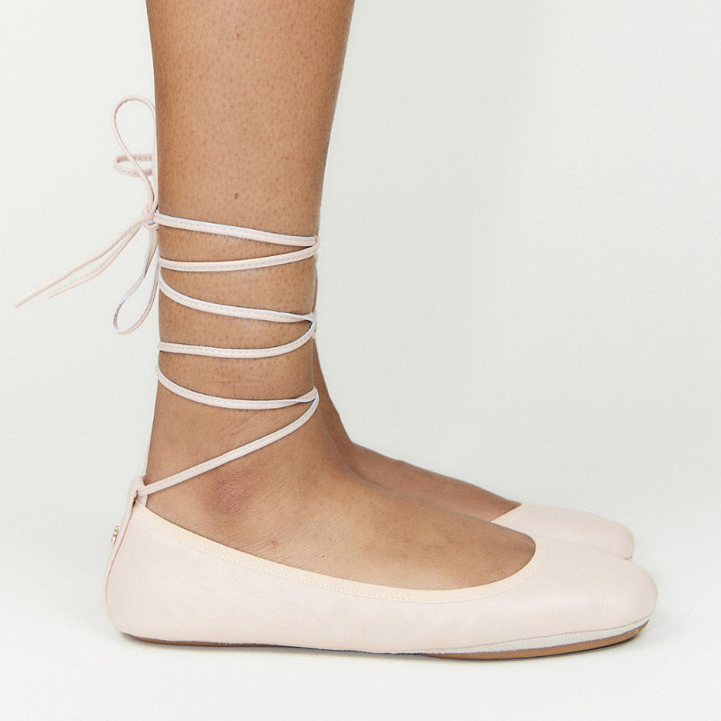 Sofia Ankle Wrap Flats in Blush Leather