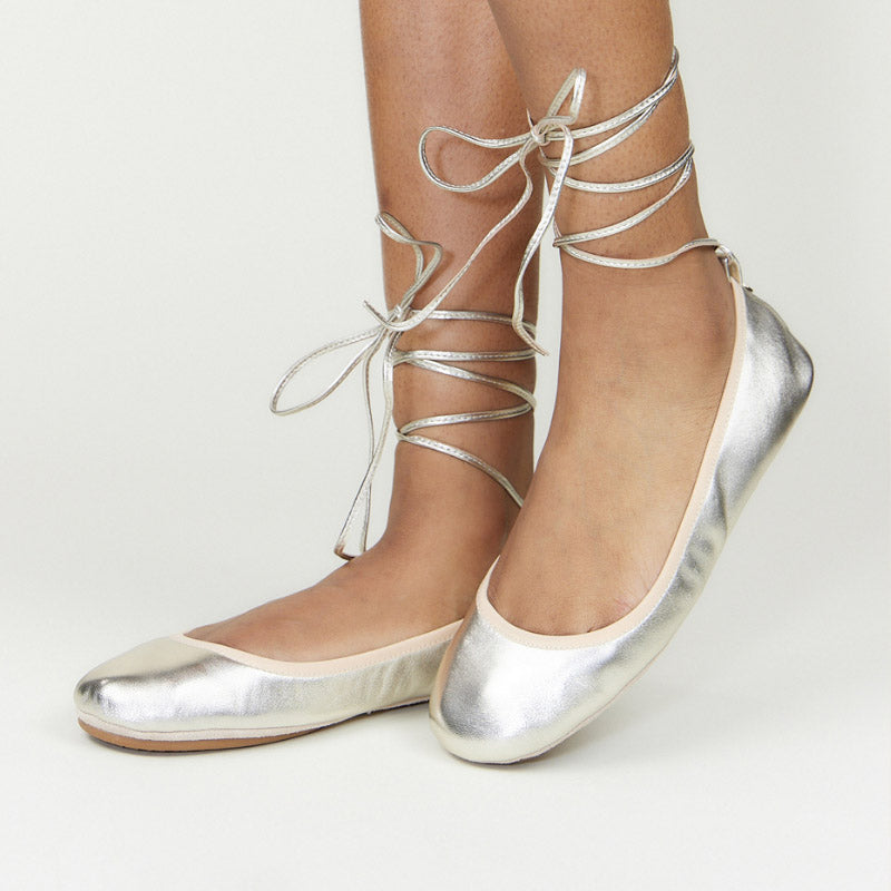 Sofia Ankle Wrap Flats in Gold Leather