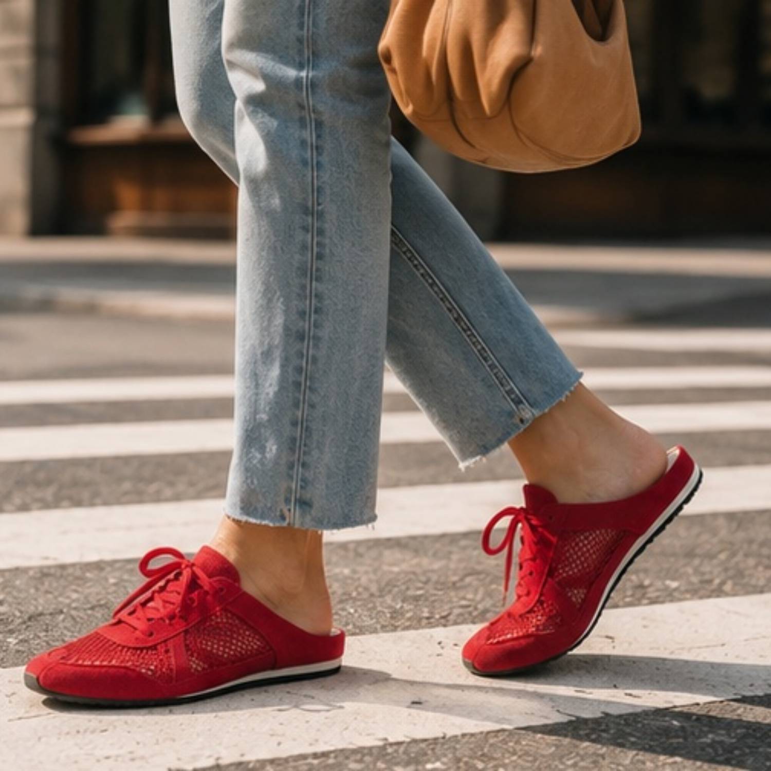 Uptown Slide Sneaker in Red Suede/Crochet