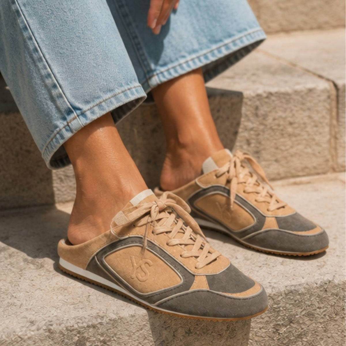 Uptown Slide Sneaker in Taupe/Cream/Nude Suede
