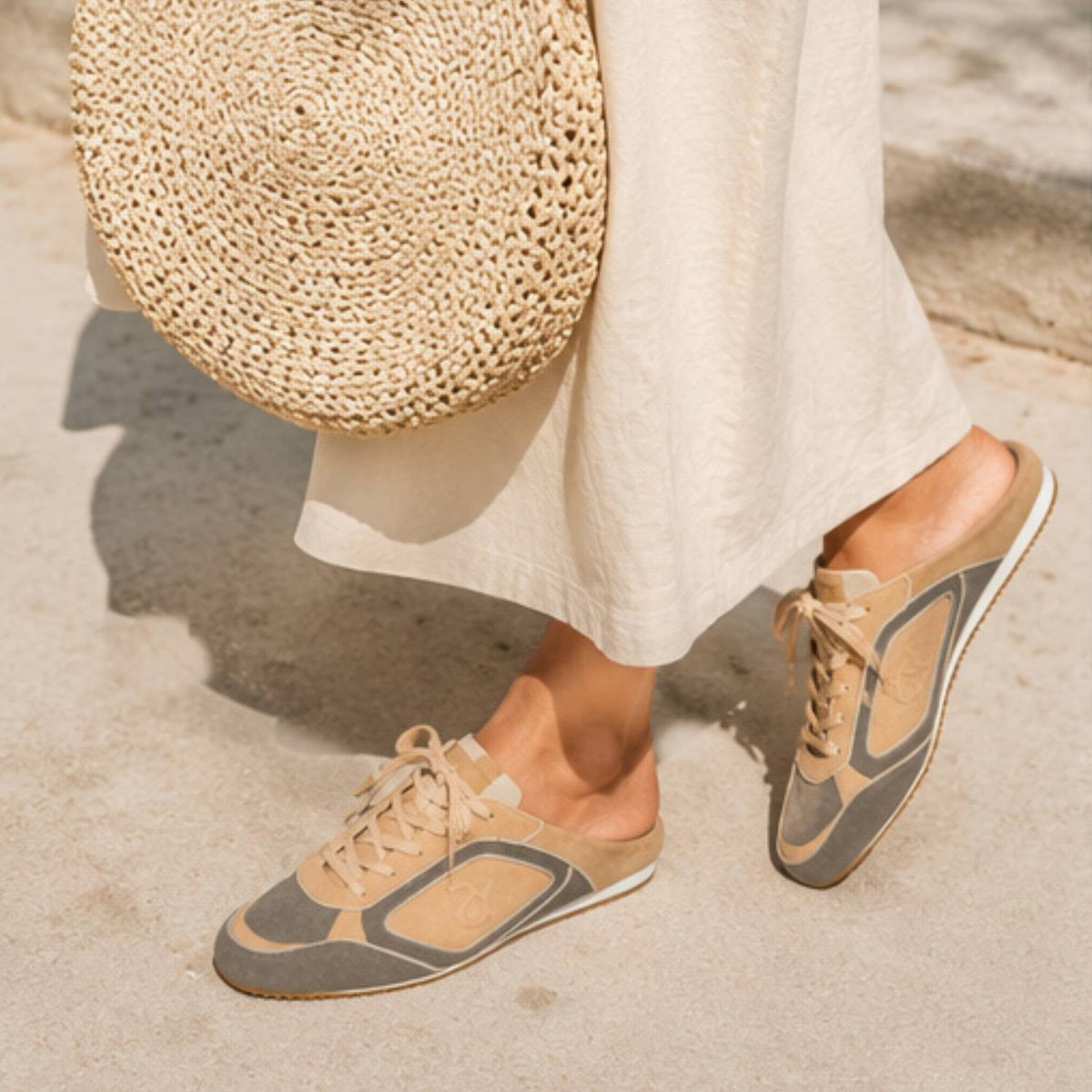 Uptown Slide Sneaker in Taupe/Cream/Nude Suede
