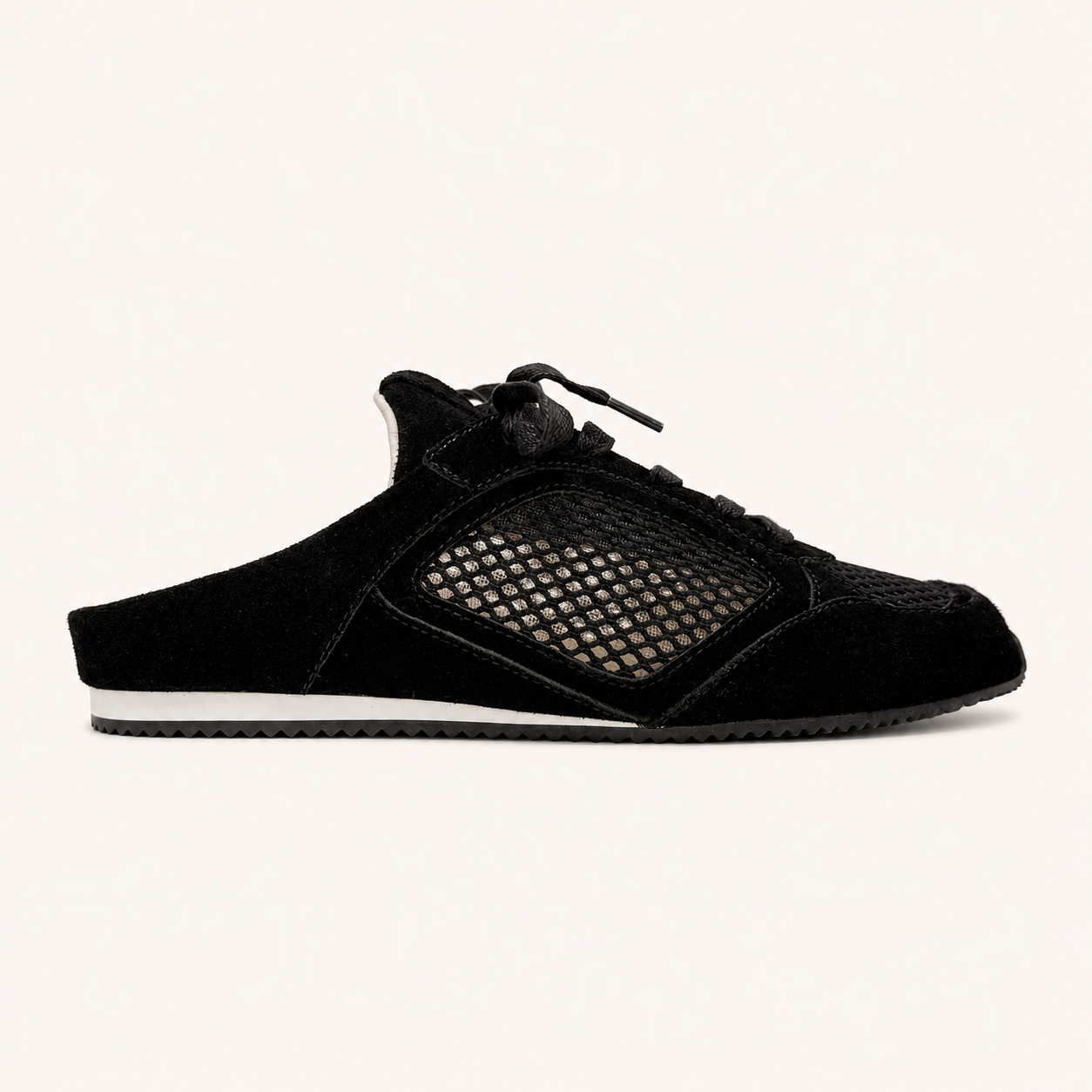 UPTOWN SLIDE SNEAKER IN BLACK SUEDE/CROCHET