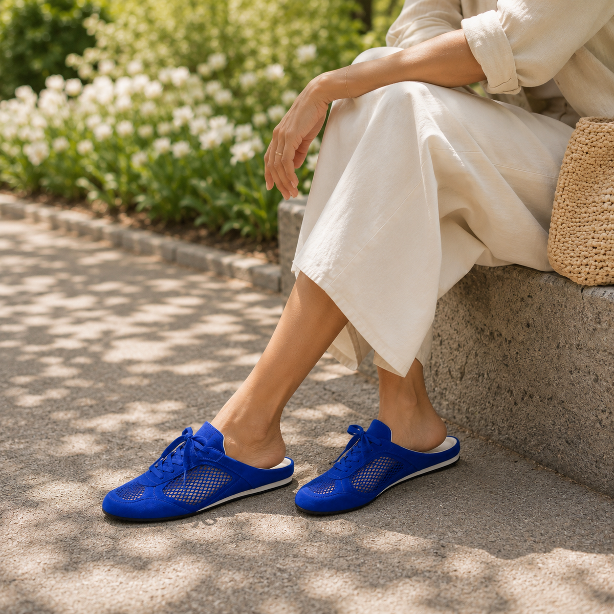 Uptown Slide Sneaker in Blue Suede/Crochet